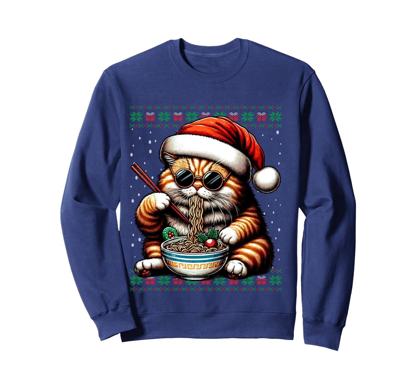 Christmas Cat Eating Ramen Ugly Christmas Sweater Long Sleeve T-Shirt