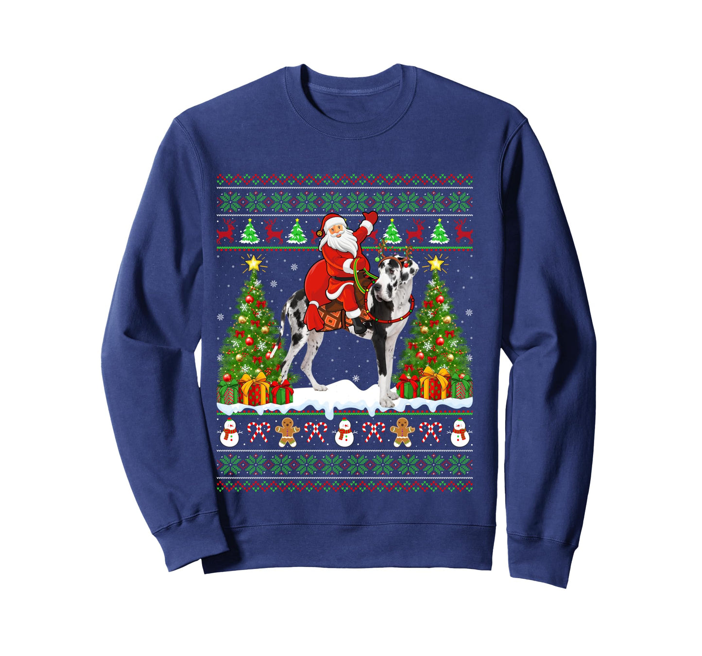 Xmas Sweater Ugly Santa Riding Great Dane Dog Christmas Long Sleeve T-Shirt