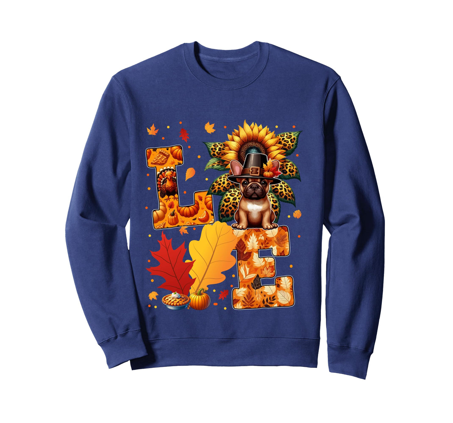 LOVE Thanksgiving French Bulldog Costume Fall Leaves Long Sleeve T-Shirt