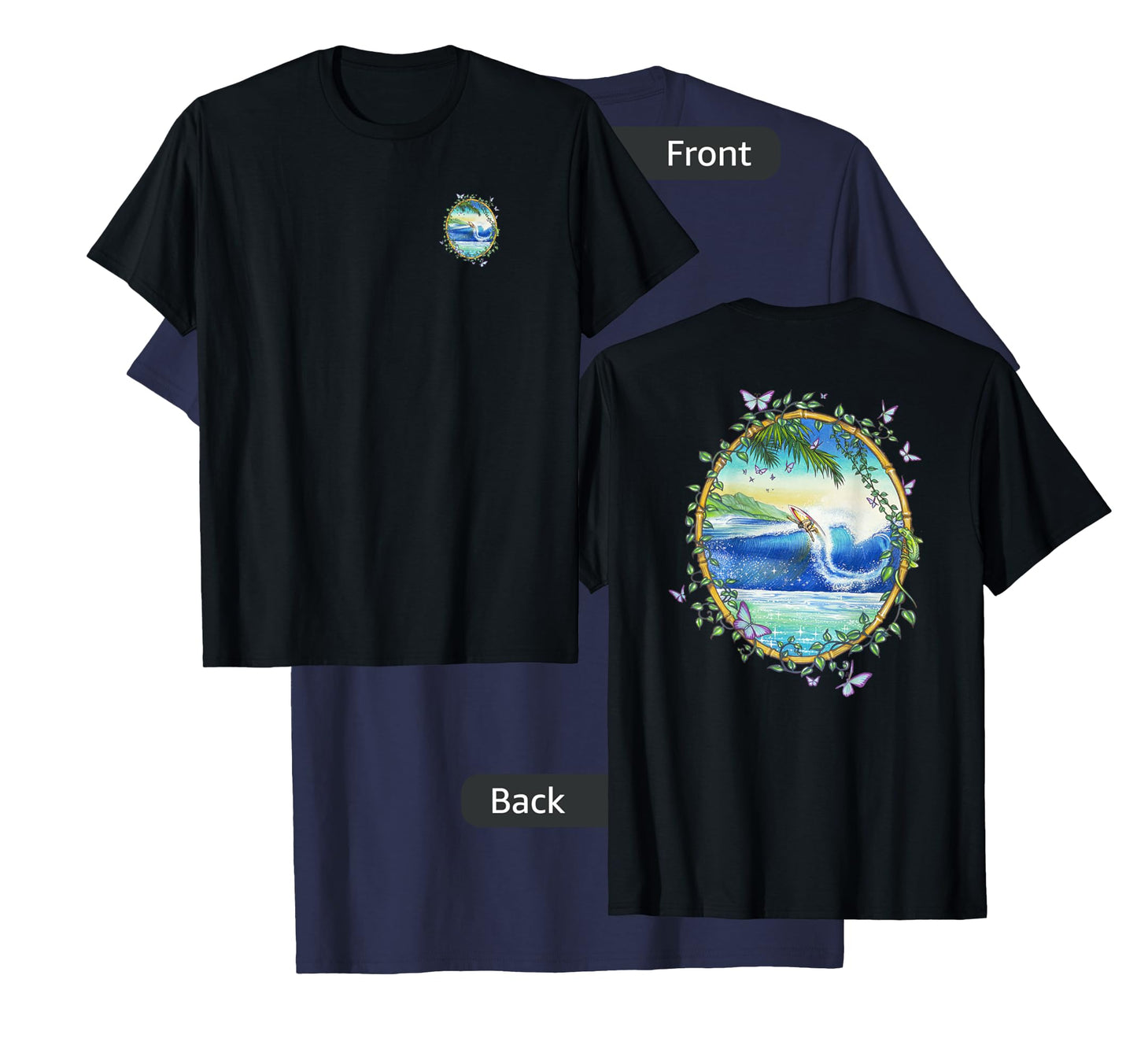 Surfing Front & Back Print Vintage Retro 70's Surf Art T-Shirt