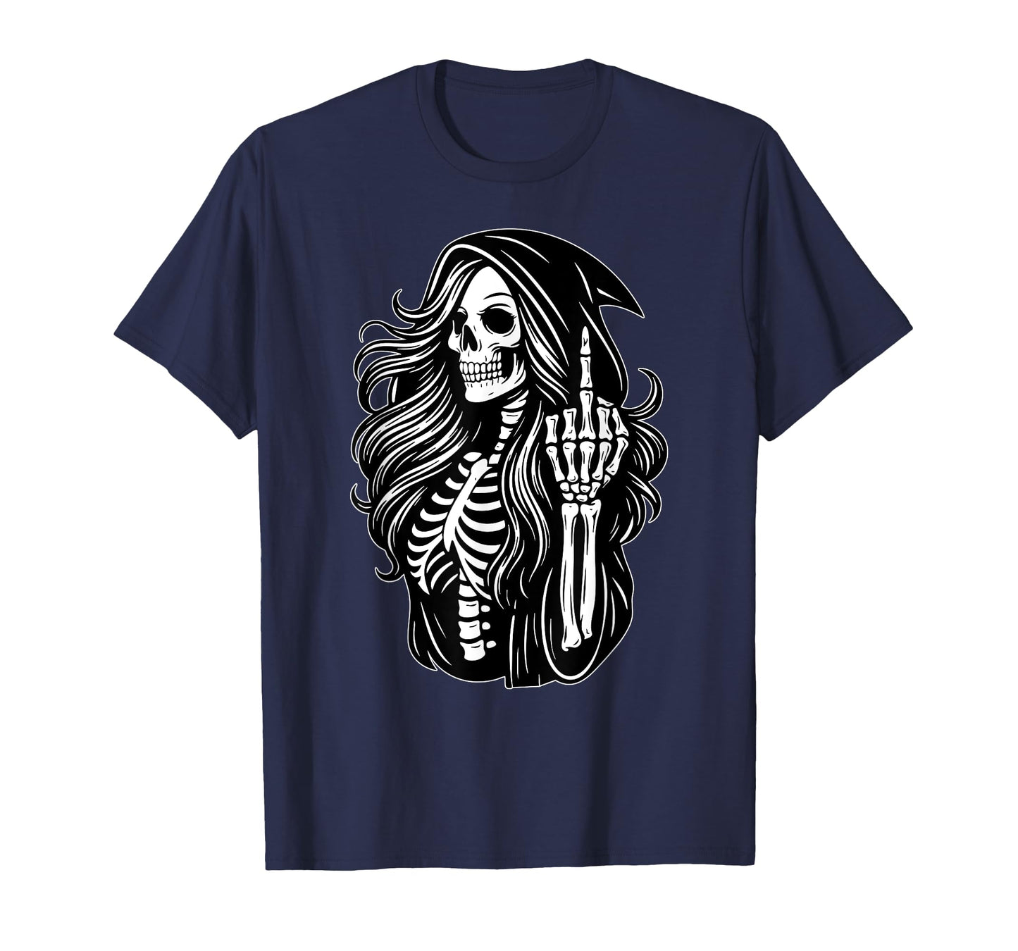 Funny Female Grim Reaper Skeleton Middle Finger Halloween T-Shirt