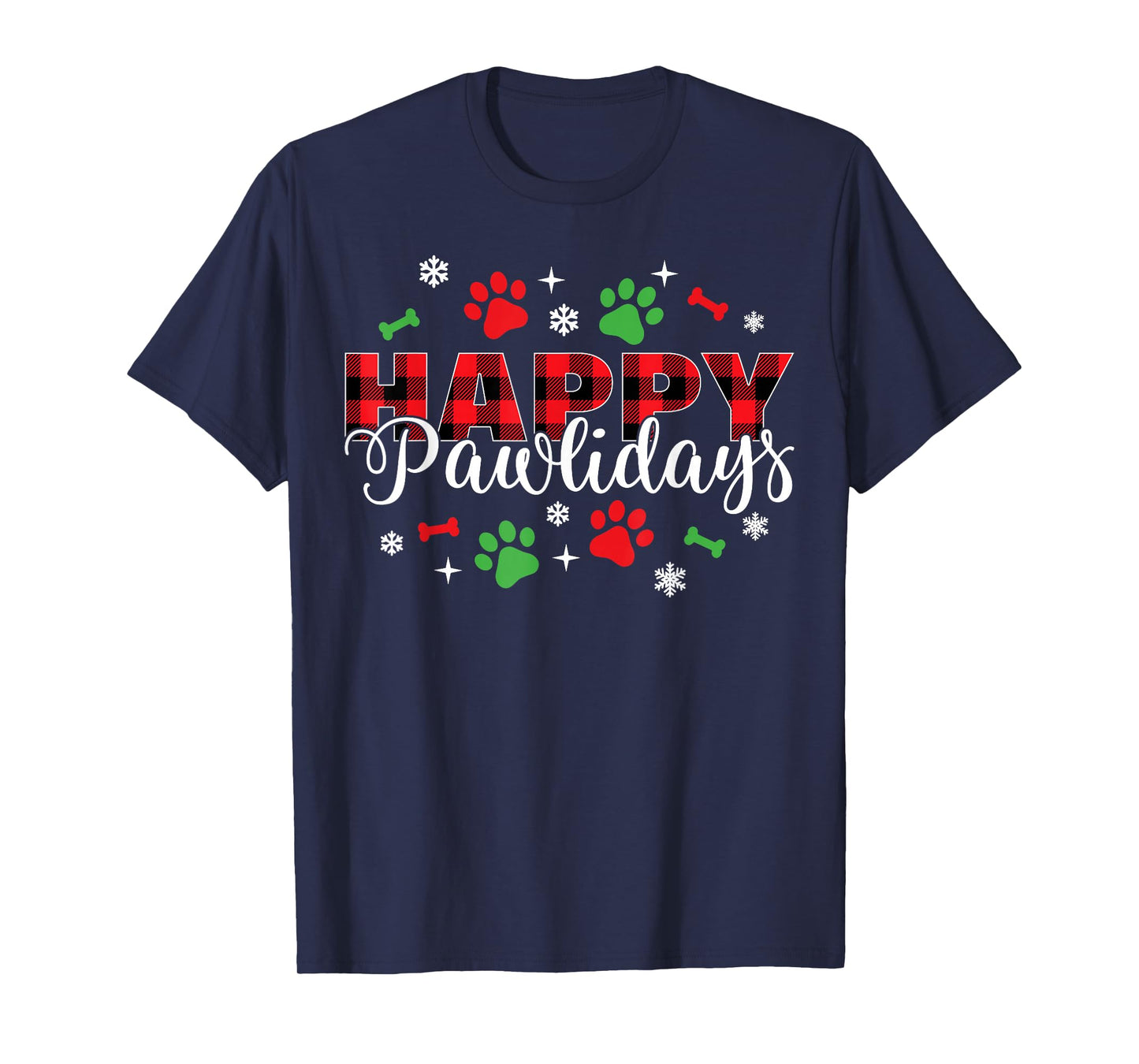 Happy Pawlidays Buffalo Plaid Dog Paws Christmas Holiday T-Shirt