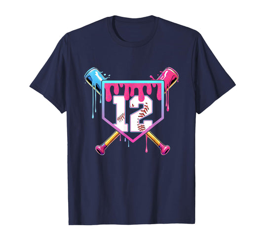 12th Birthday Ice Cream Drip Baseball Splatter 12 Years Kids T-Shirt