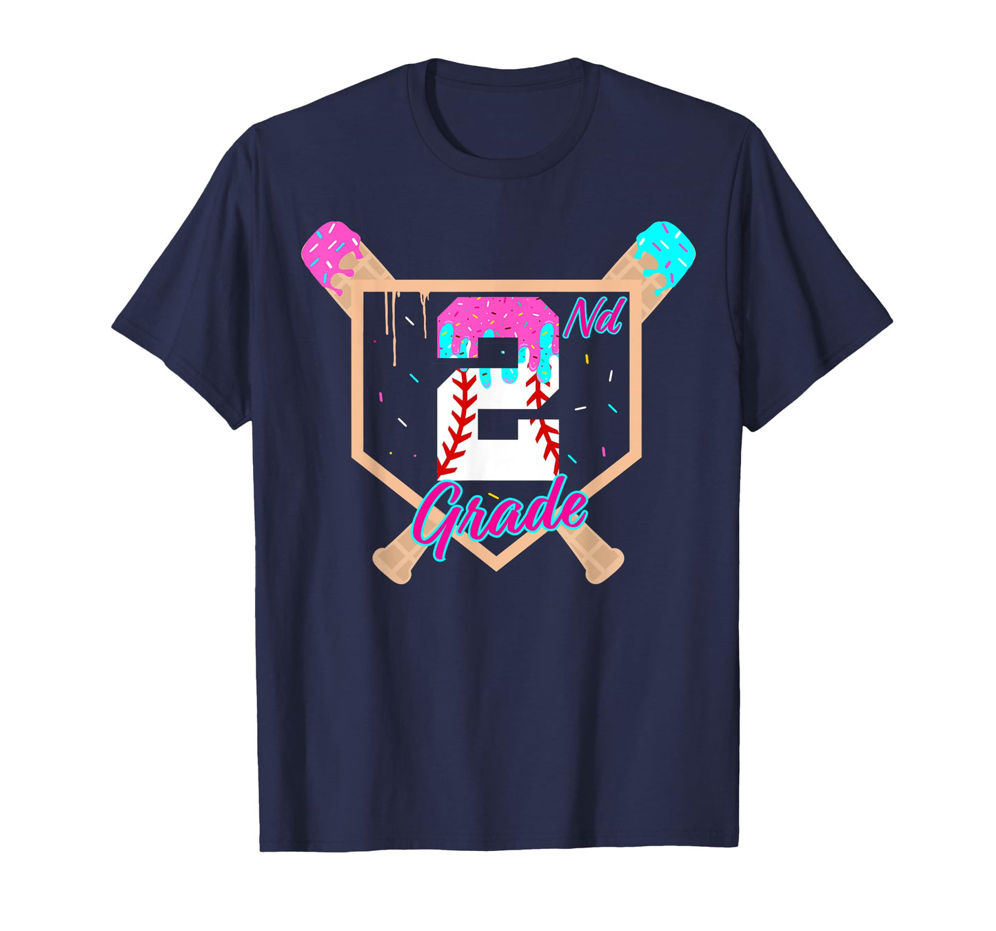 2nd Grade Back to School Baseball Ice Cream Drip Home Plate T-Shirt