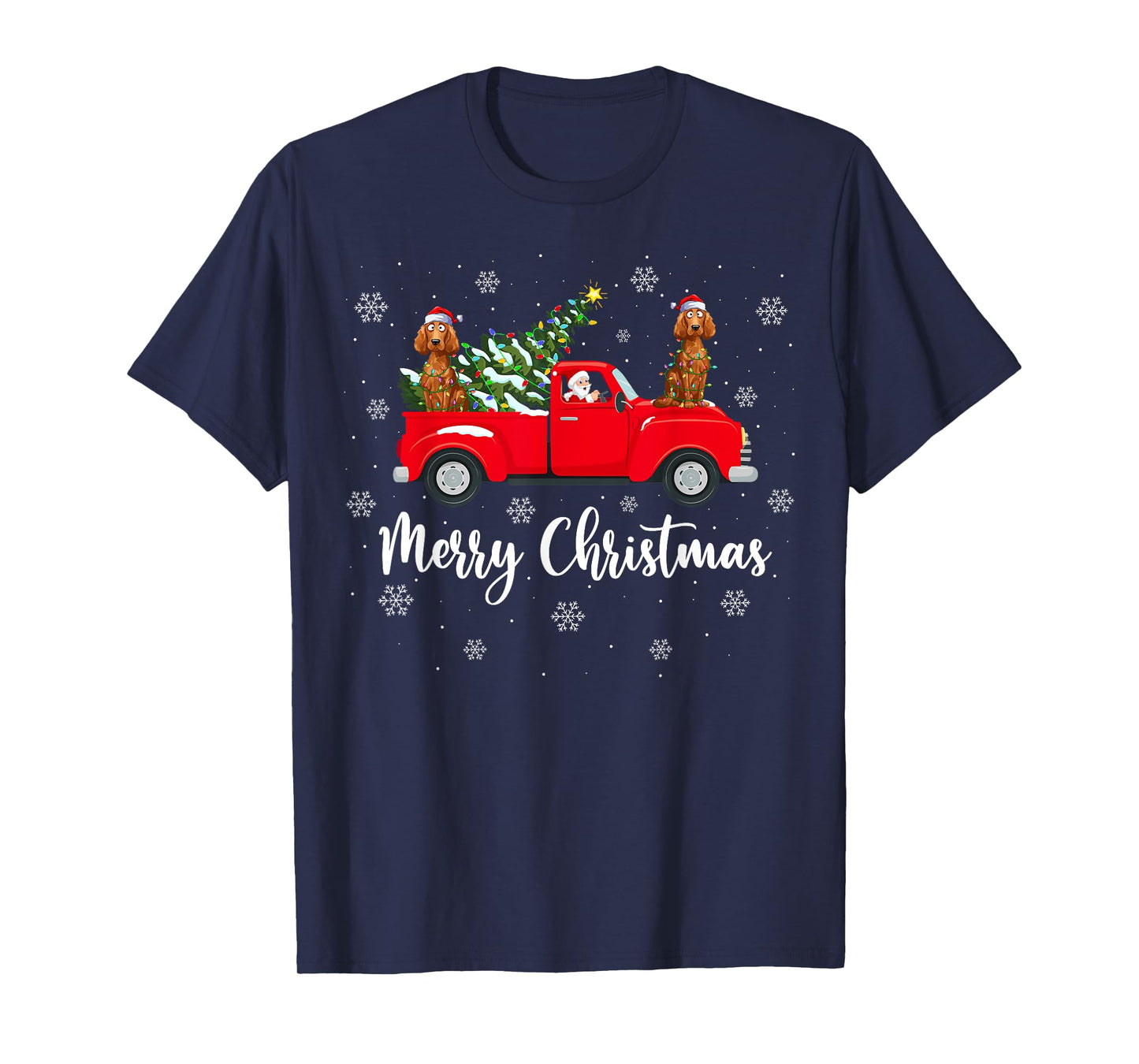 Santa Claus Riding Red Truck Irish Setter Dog Christmas T-Shirt