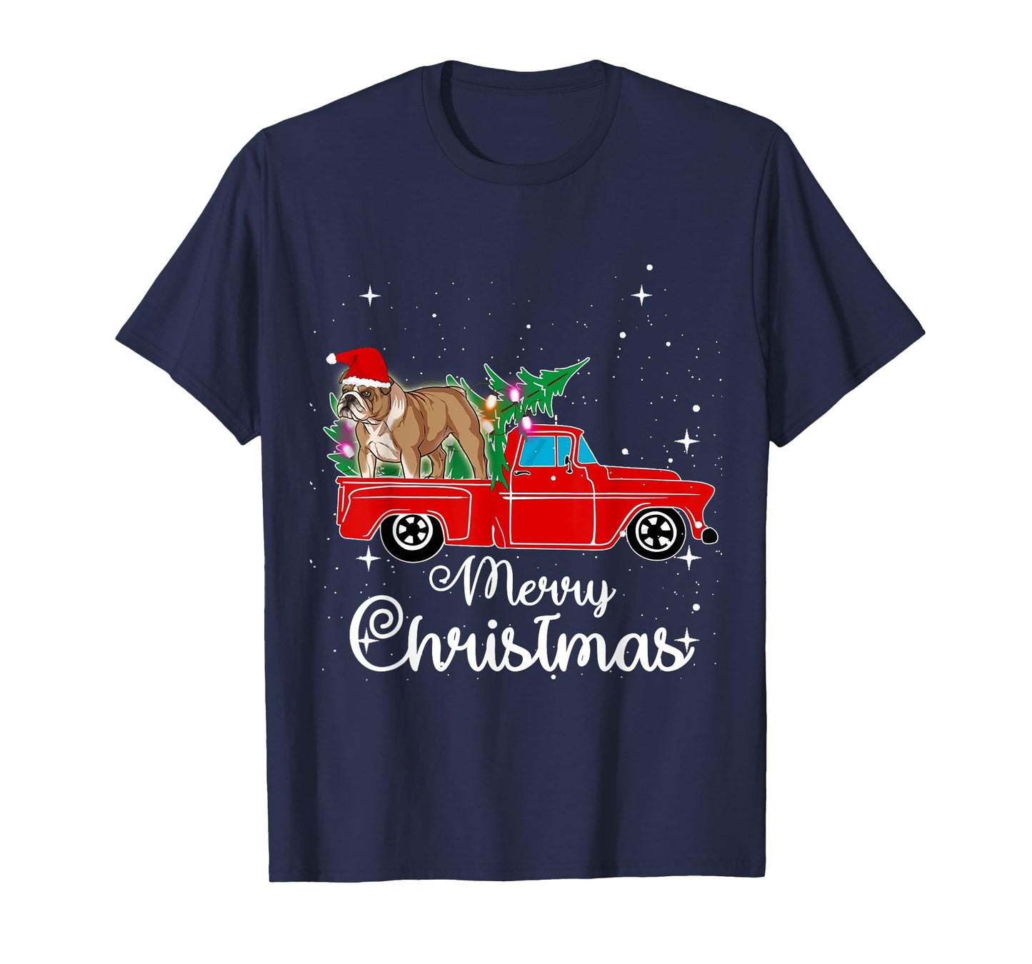 English Bulldog Dog Red Truck Christmas Tree Lights Xmas T-Shirt