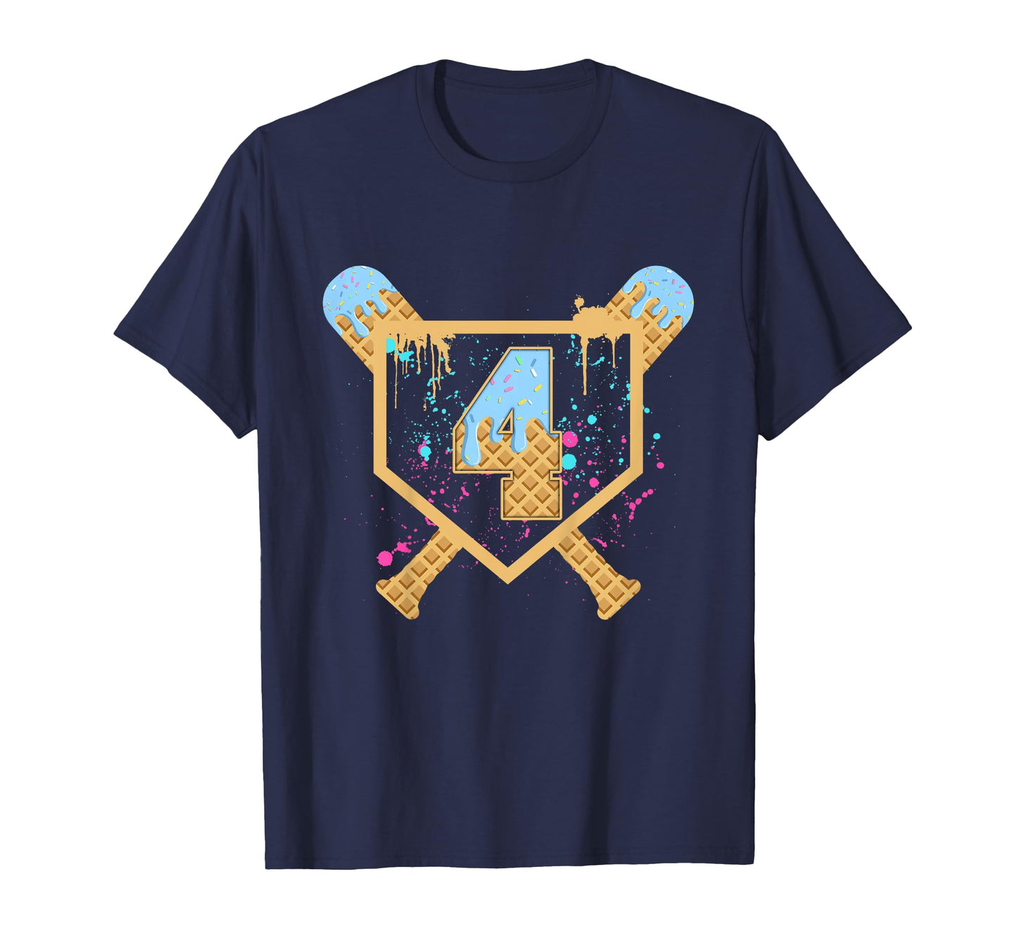 Kids Baseball 4 Year Old Ice Cream Drip 4th Birthday Boy Number 4 T-Shirt