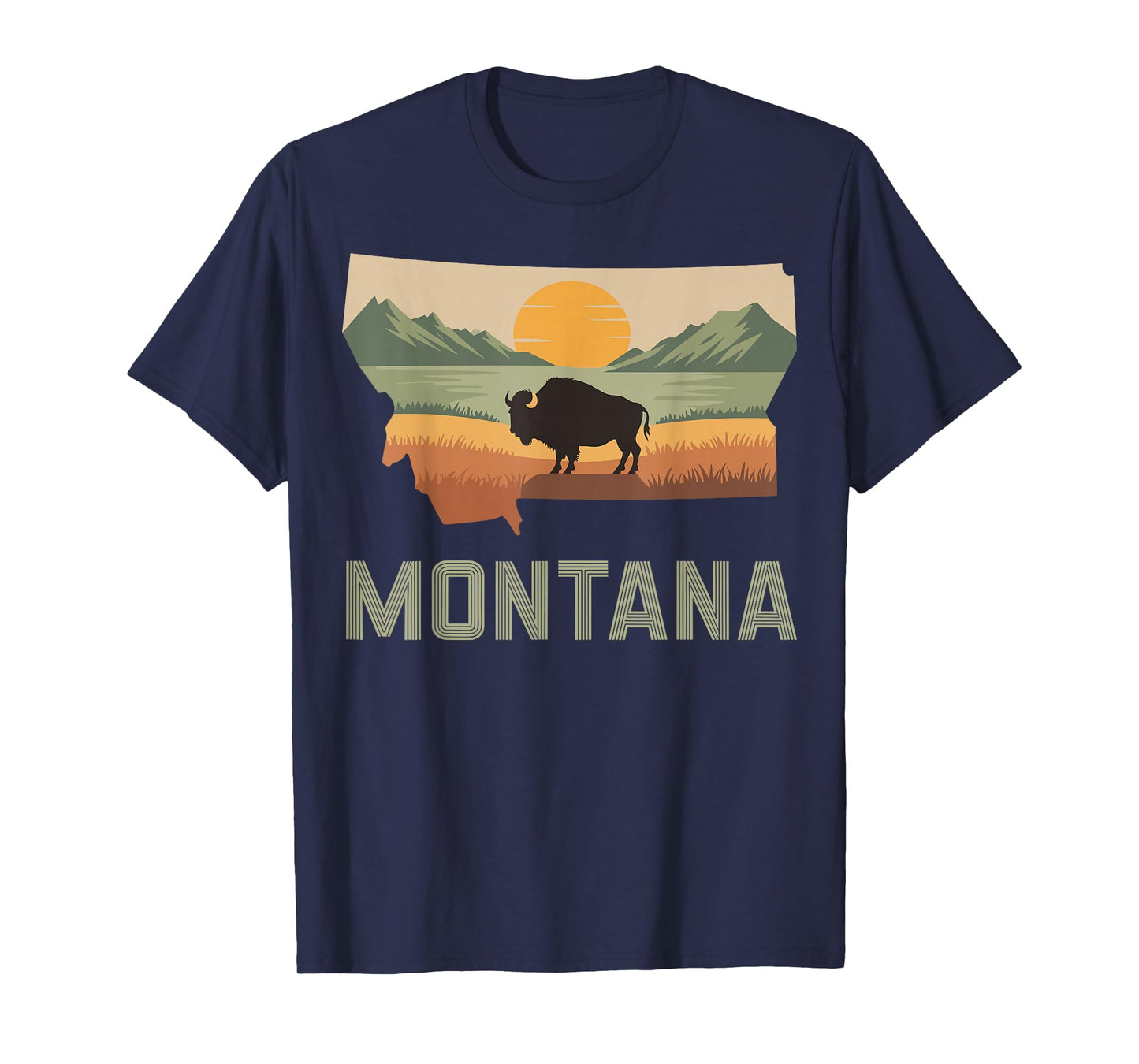 Montana Bison Sunset Mountains Retro Western T-Shirt