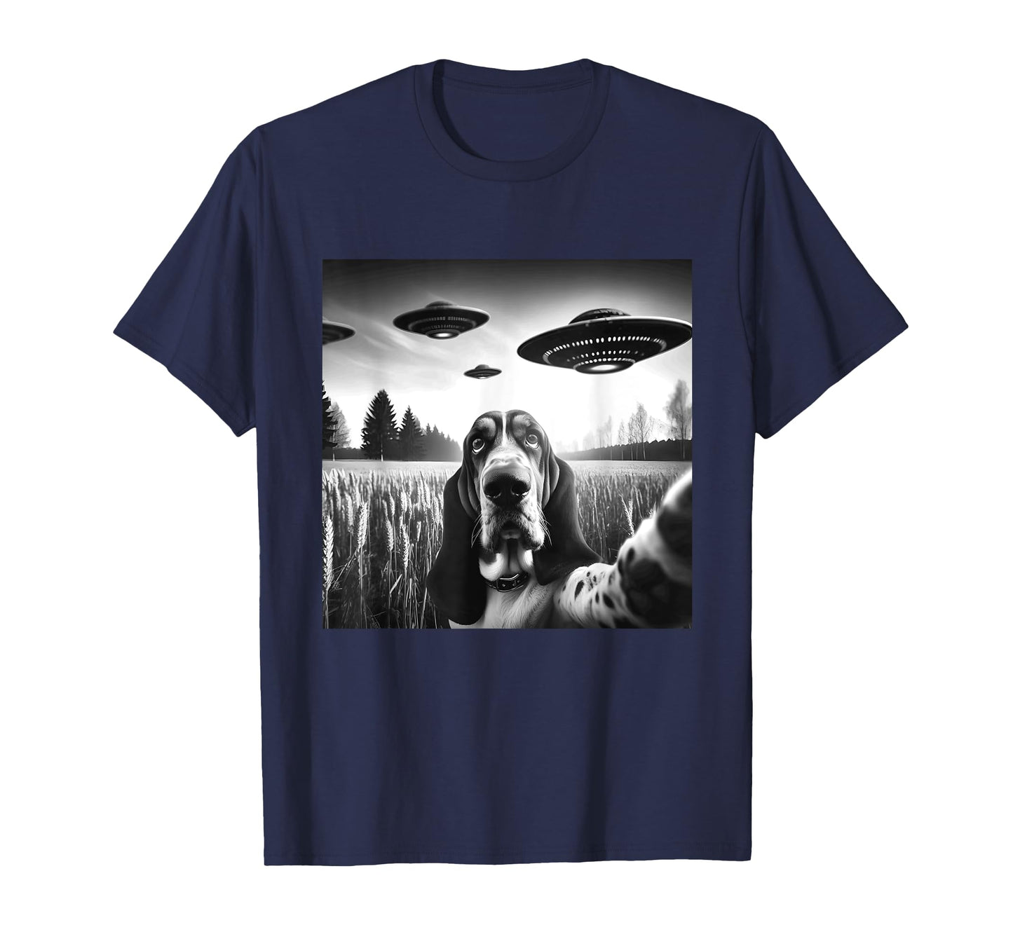Basset Hound Funny Dog Graphic Selfie with UFOs Weird Aliens T-Shirt