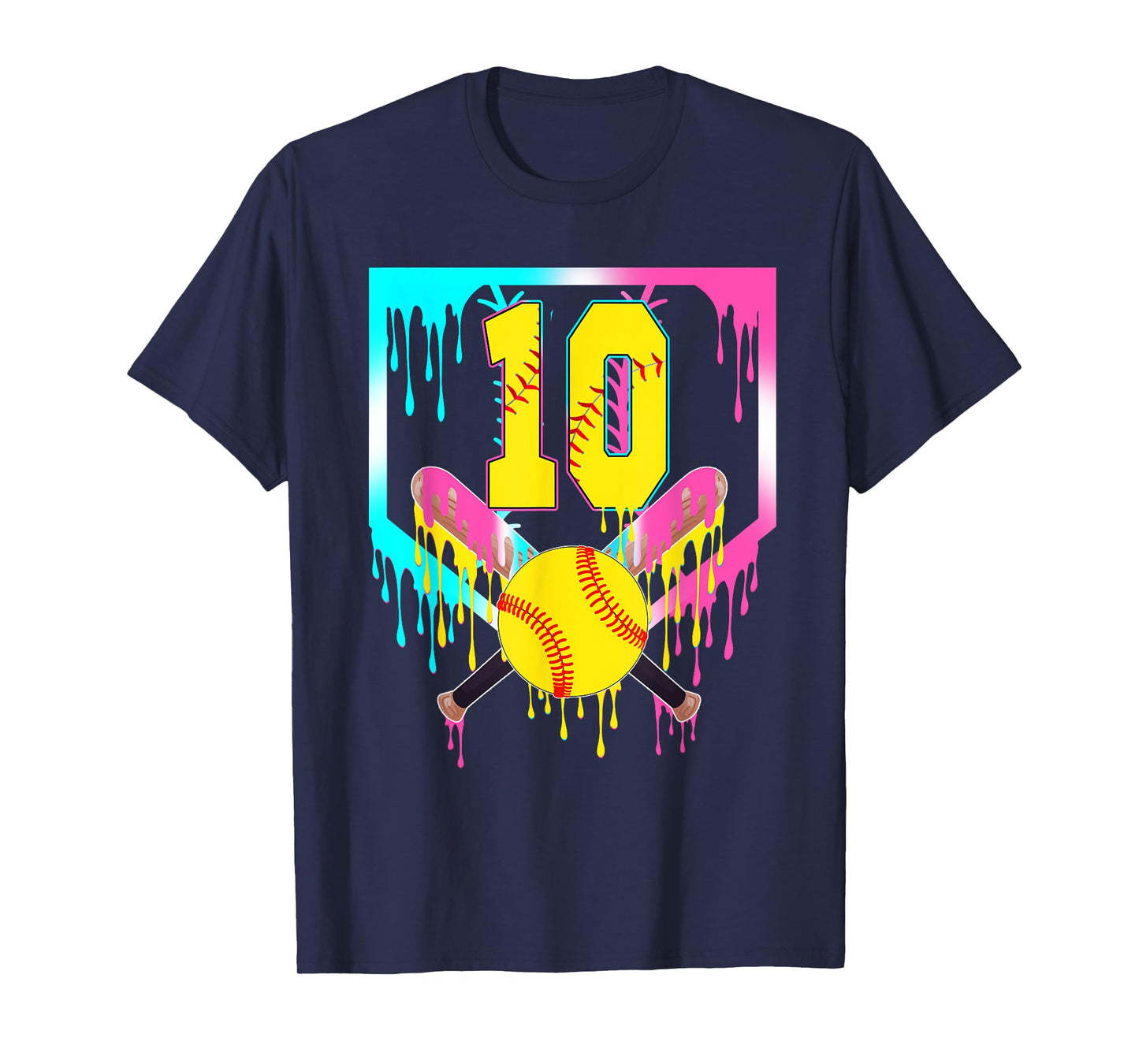 10th Bday Softball Home Plate Drip Ice Cream 10 Year Old T-Shirt