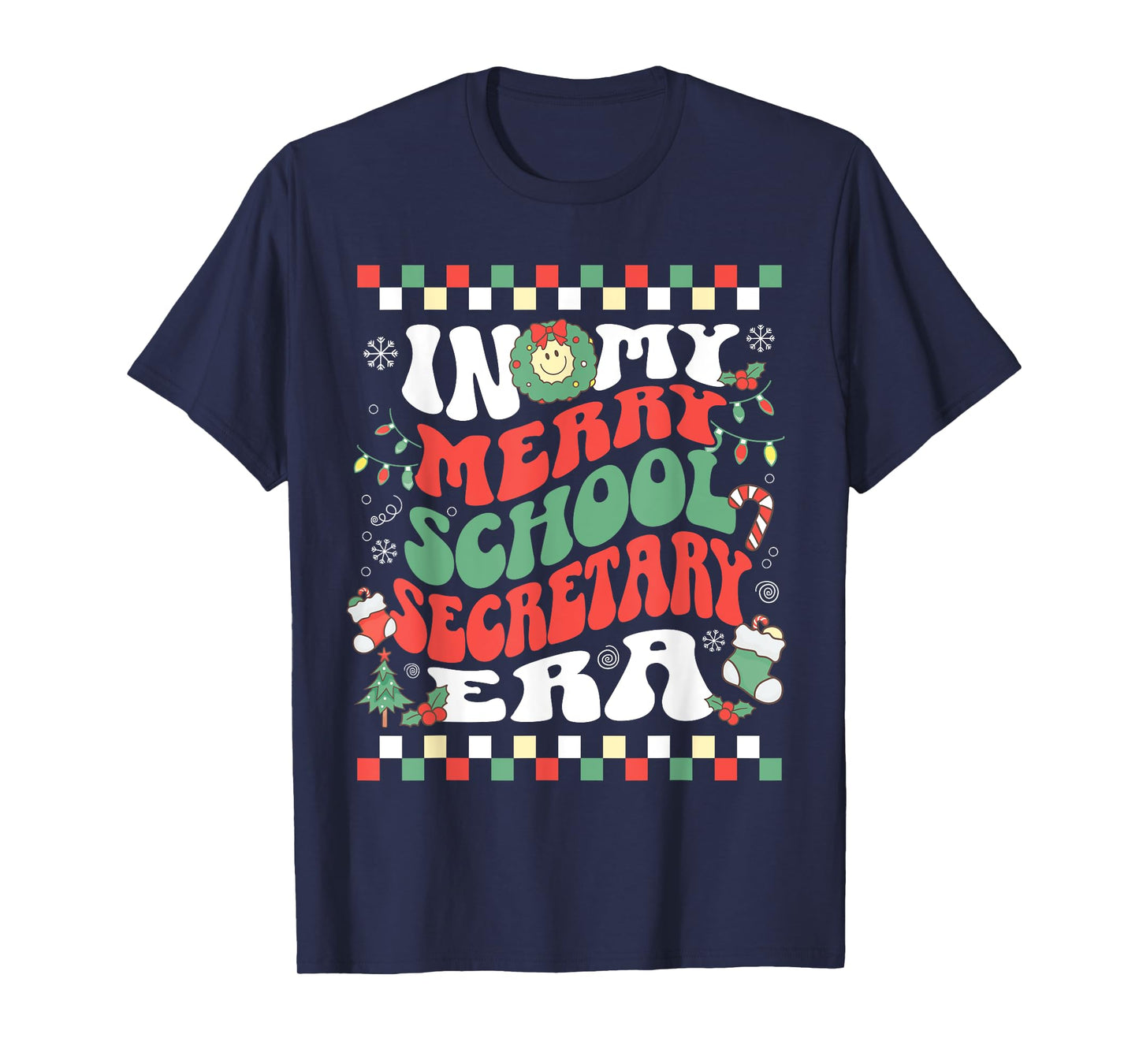 In My Merry School Secretary Era Retro Groovy Christmas T-Shirt