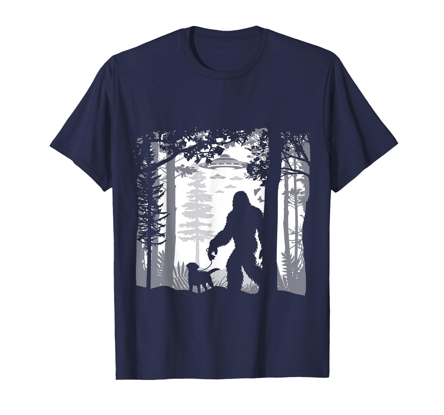 Funny Sasquatch Bigfoot Walking Dog in Woods with Alien UFOs T-Shirt
