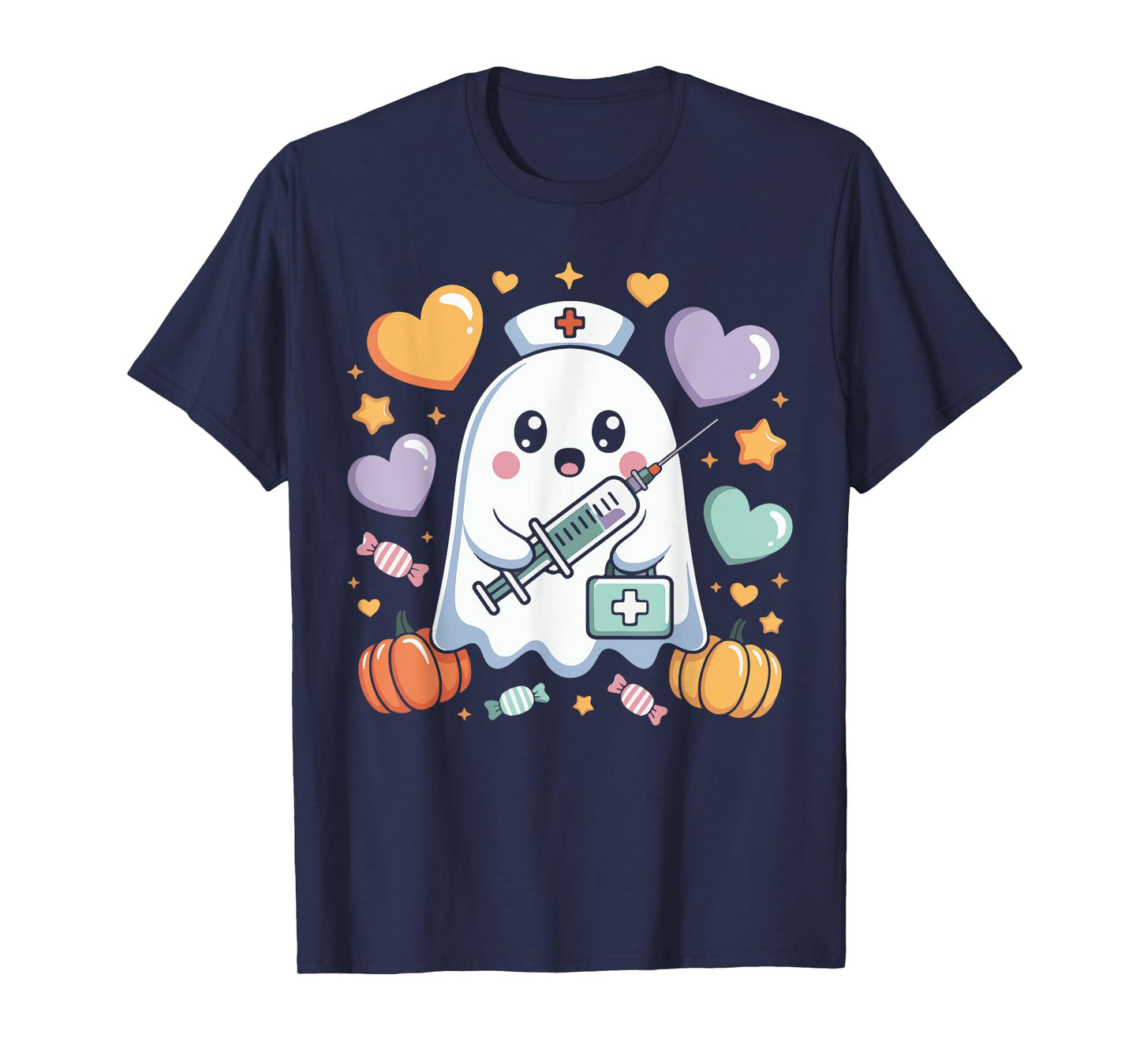 Cute Halloween Ghost Nurse Syringe Pumpkin Hearts Design T-Shirt