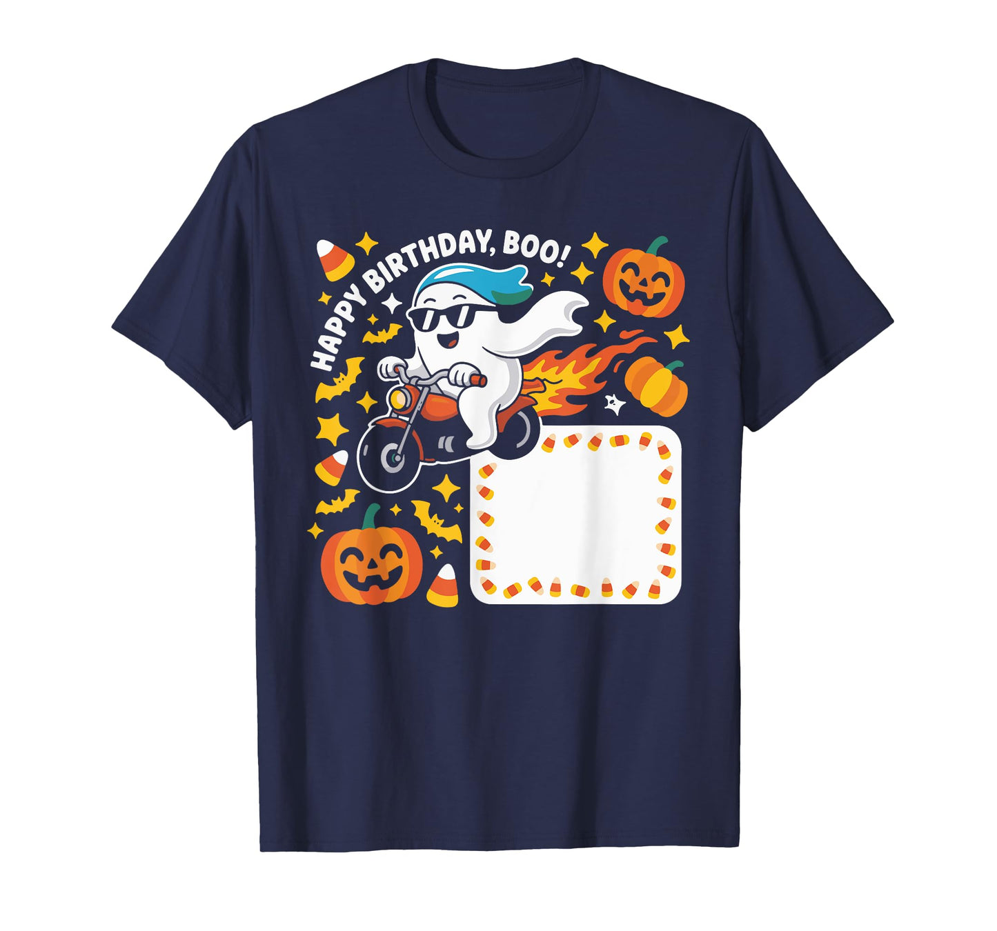 Funny Ghost Biker Halloween Design With Flames And Pumpkins T-Shirt