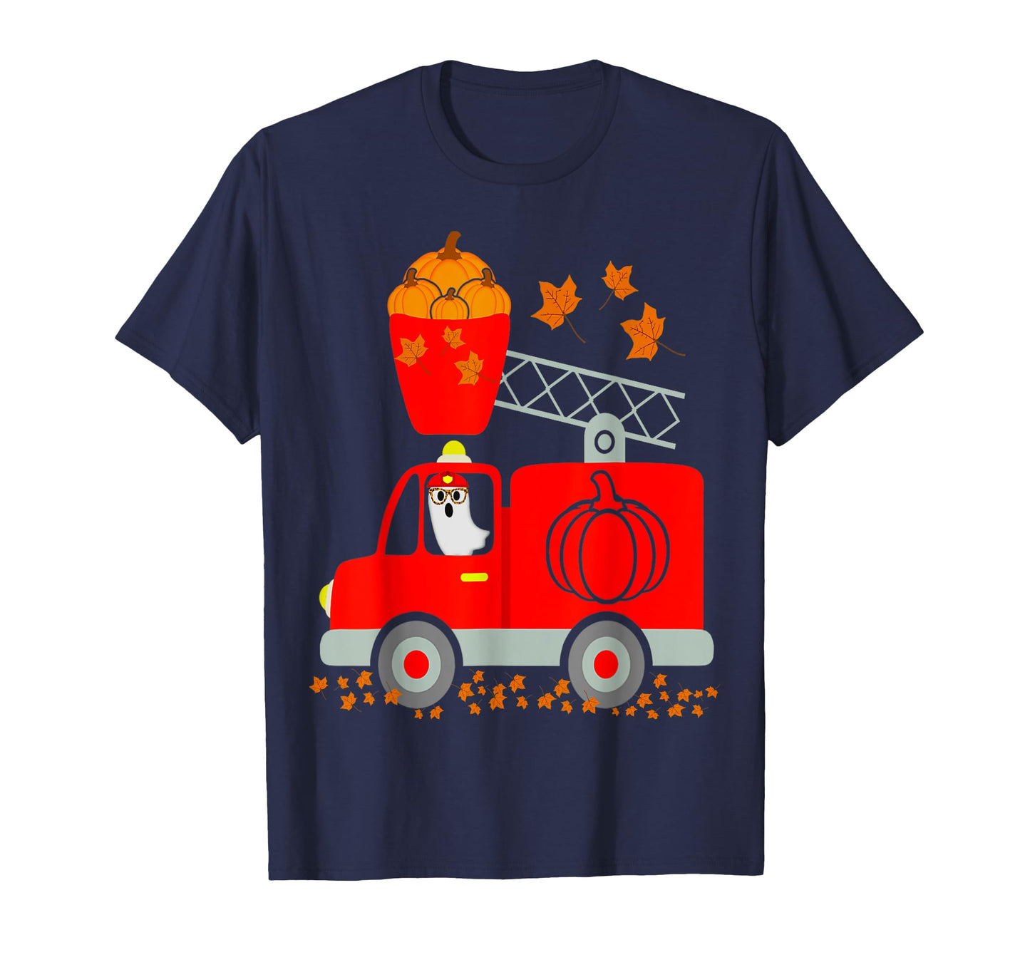 Funny Ghost Pumpkin Fire Truck Halloween For Son Kids Adult T-Shirt