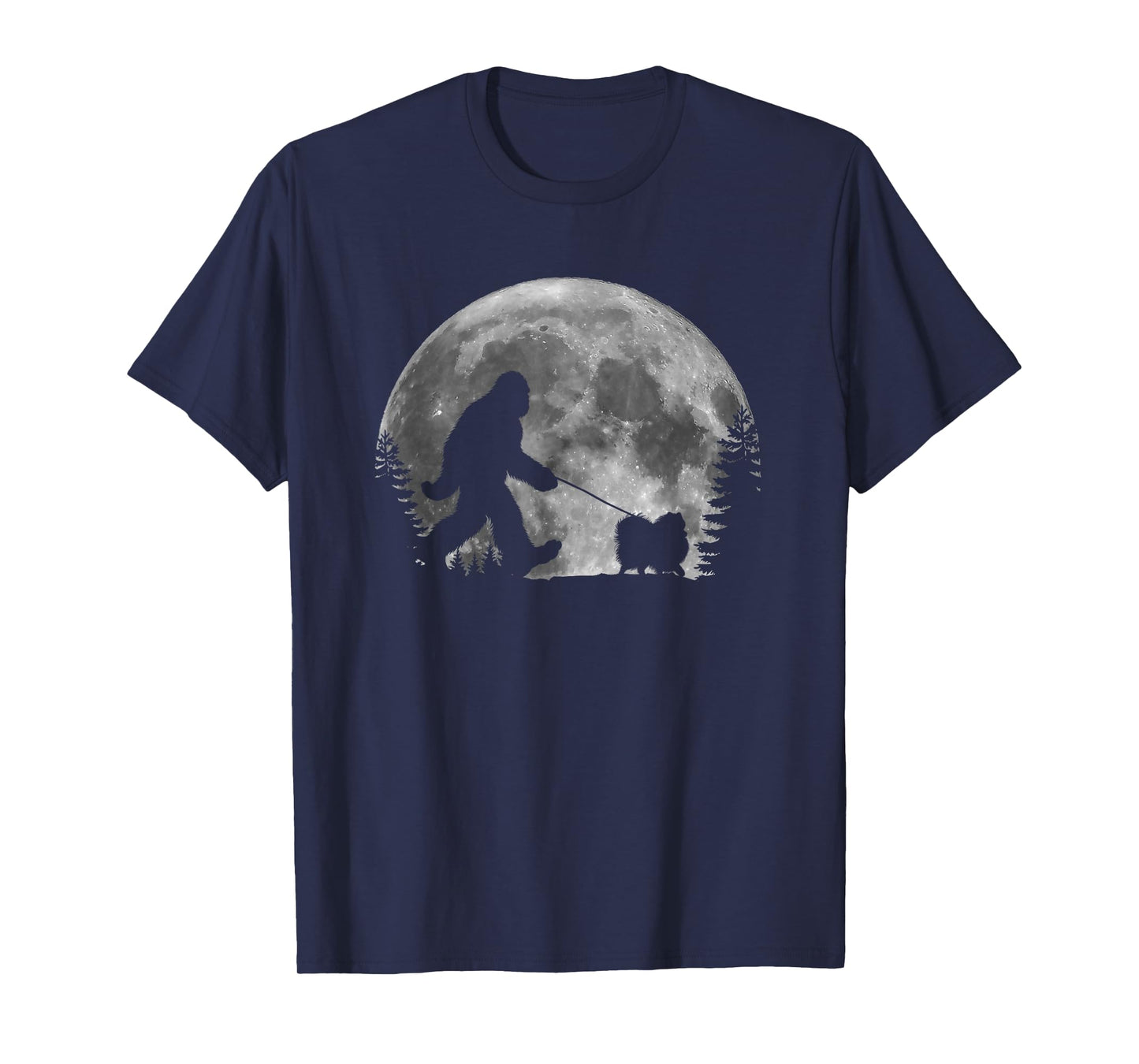 Bigfoot Walking a Dog Funny Pomeranian Lovers Moon Halloween T-Shirt for Men Women Kids