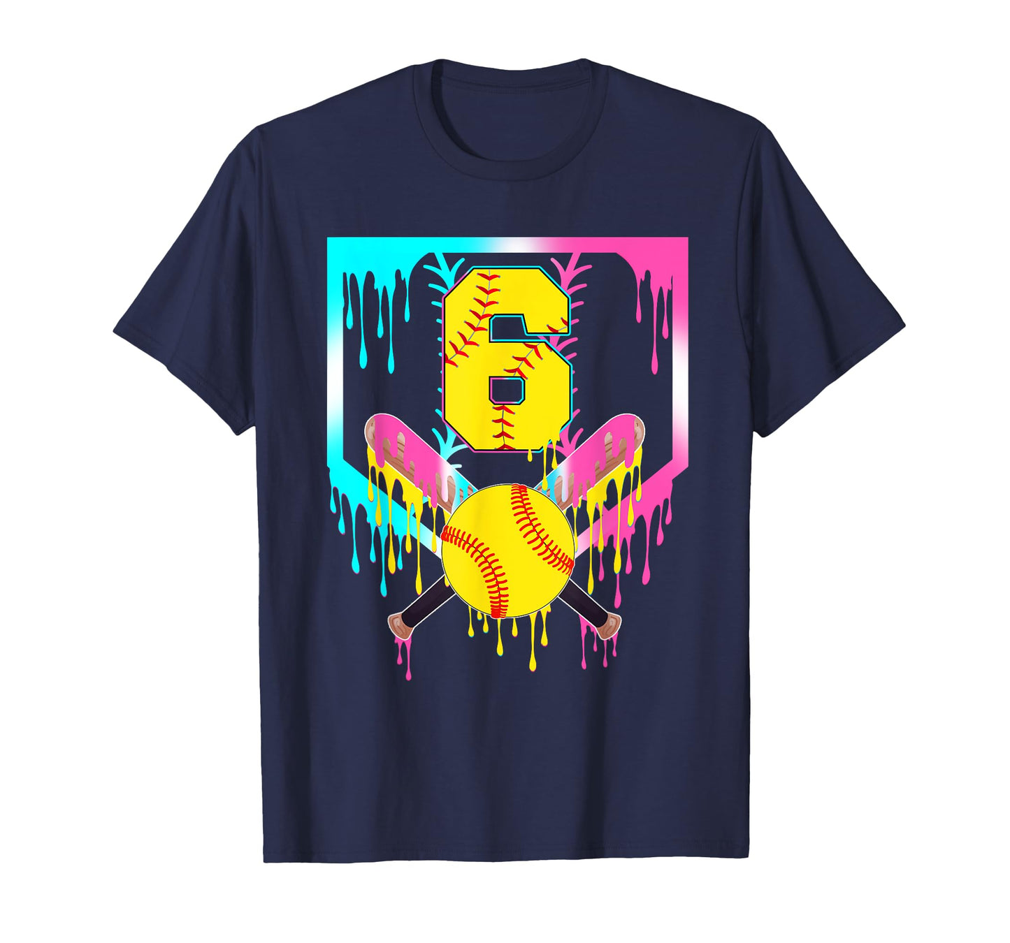 6th Bday Softball Home Plate Drip Ice Cream 6 Year Old T-Shirt