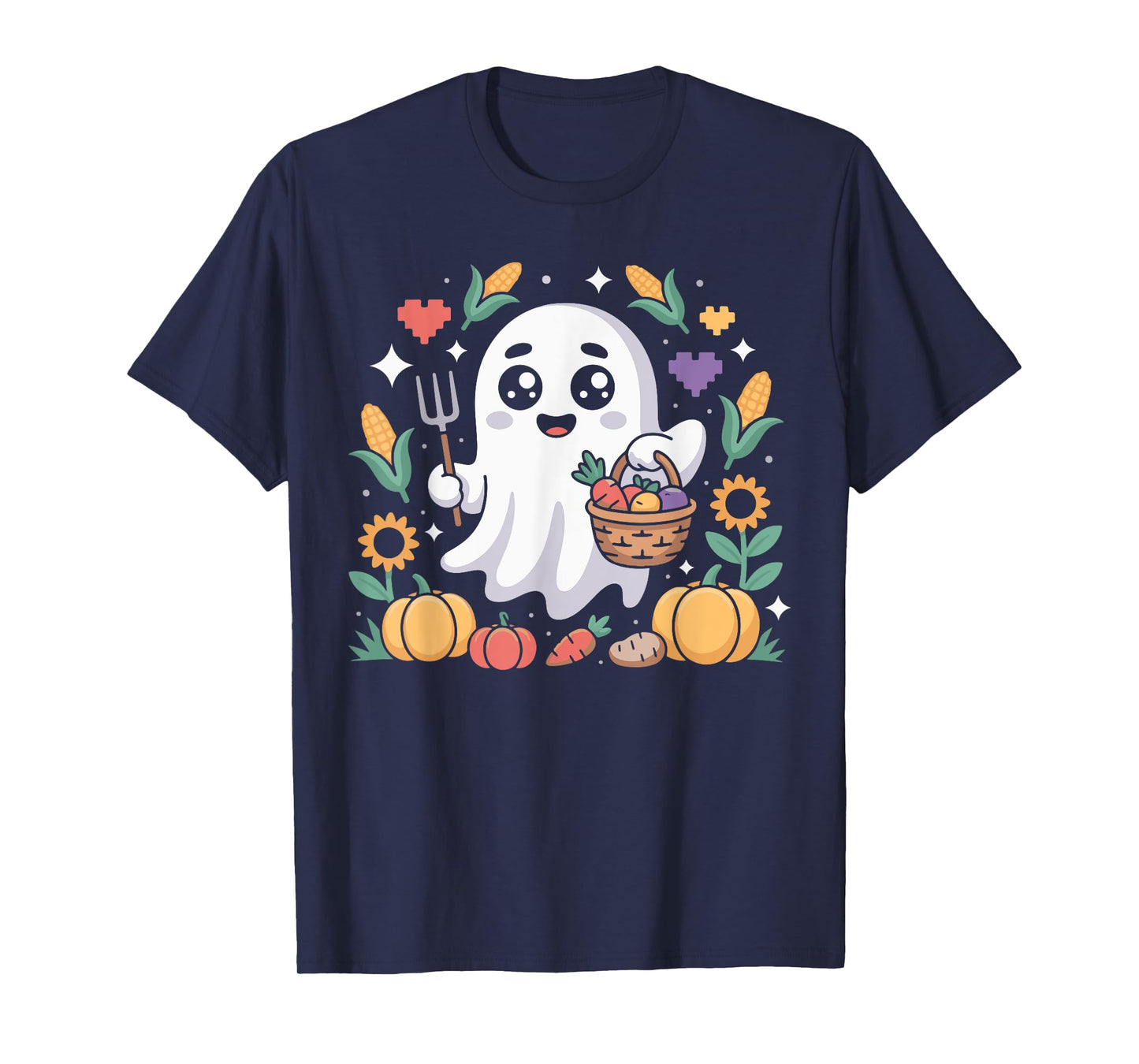 Ghost Farmer Harvesting Veggies Pumpkins Men Halloween Fun T-Shirt