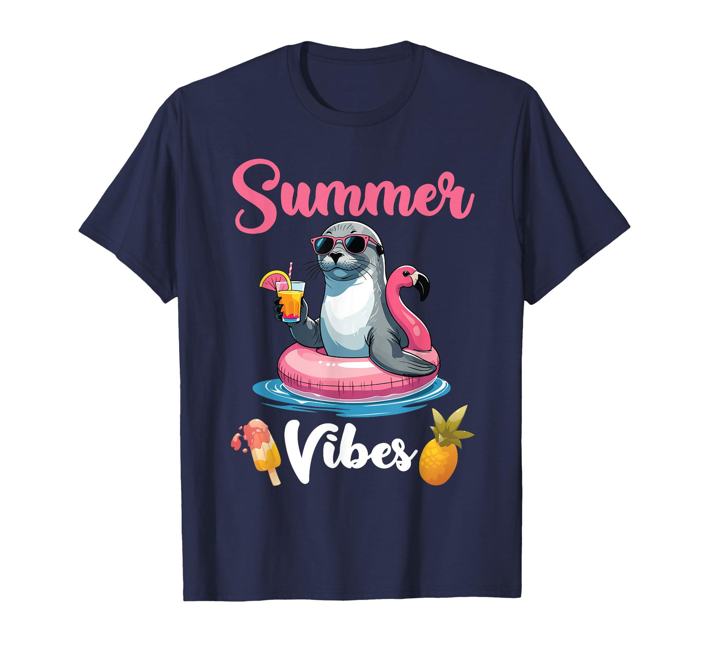 Seal On Flamingo Float And Drinking Fruit Punch Summer Vibes T-Shirt