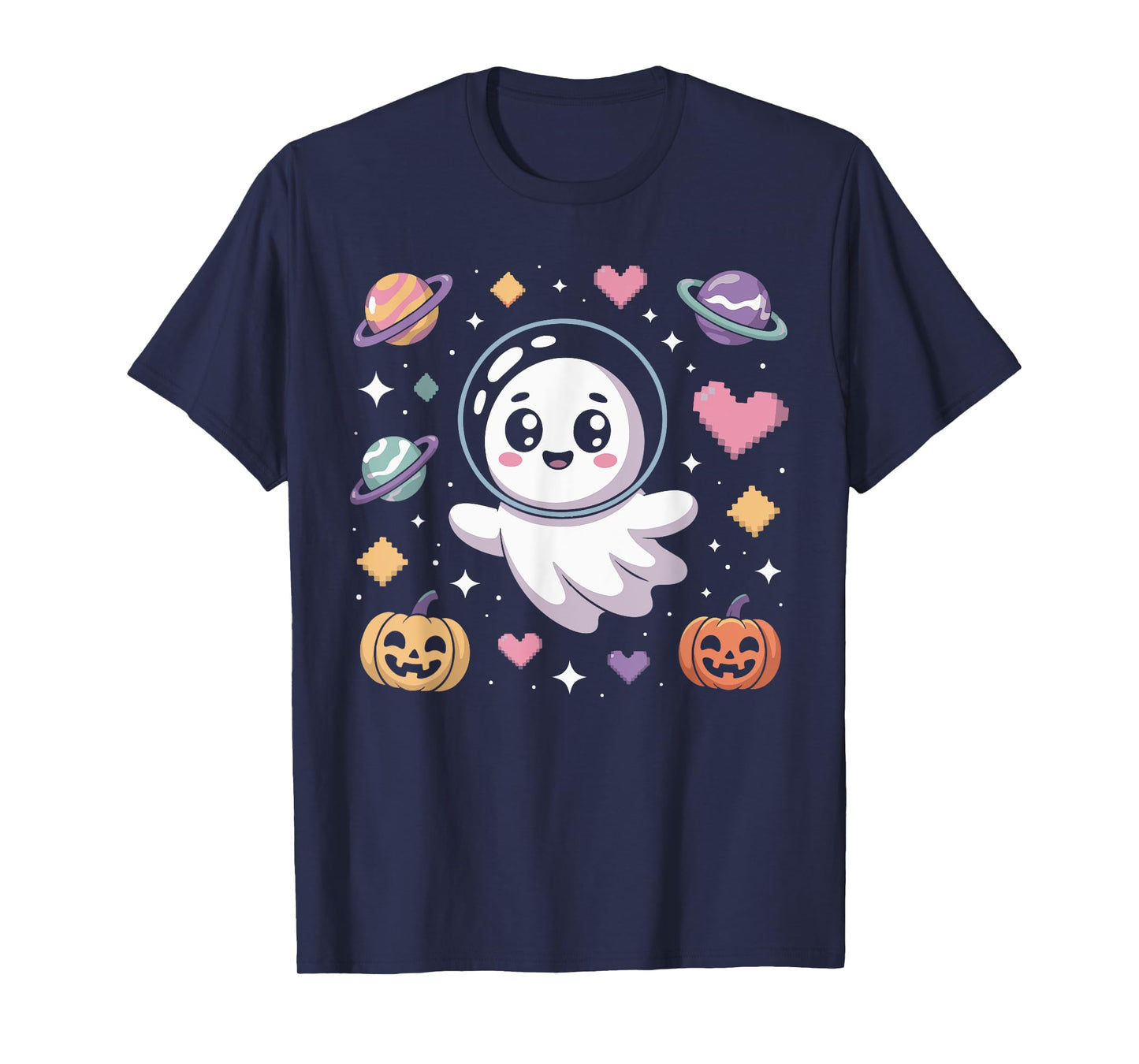 Kawaii Astronaut Ghost with Pixel Hearts and Pumpkins Boys T-Shirt