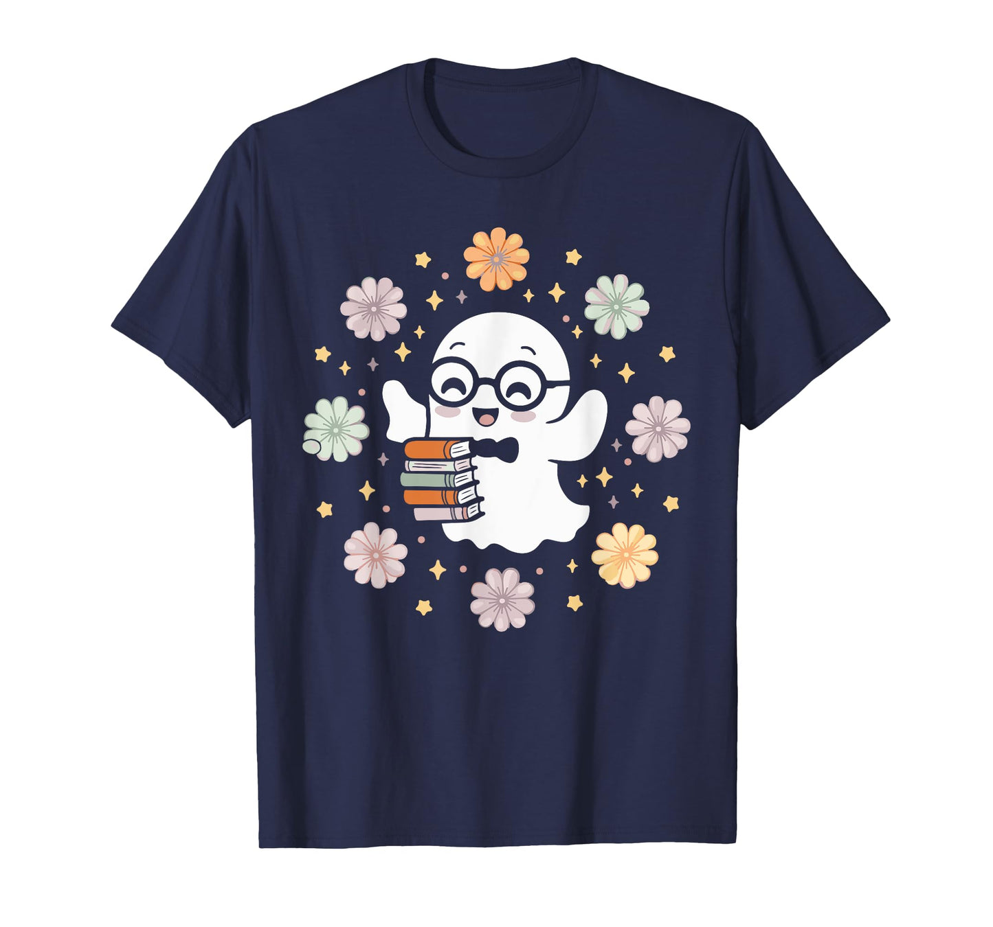 Smiling Ghost with Books Surrounded by Pastel Flowers T-Shirt