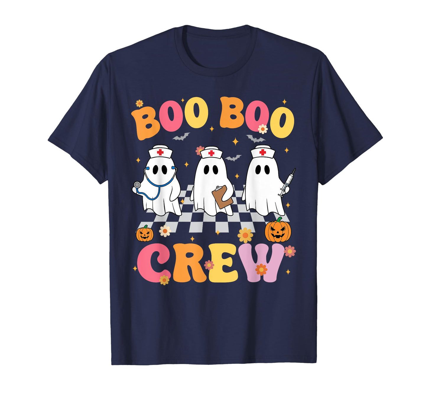 Retro Groovy Boo Boo Crew Halloween Ghost Nurse T-Shirt