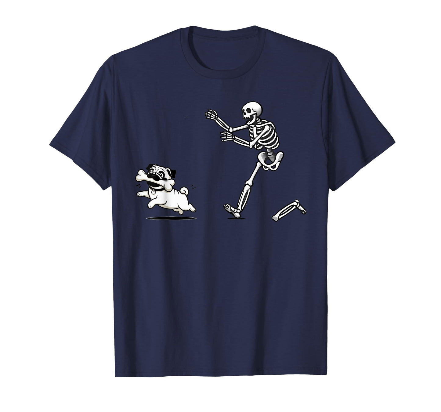 Funny Pug Dog Steals Bone from Skeleton Design T-Shirt