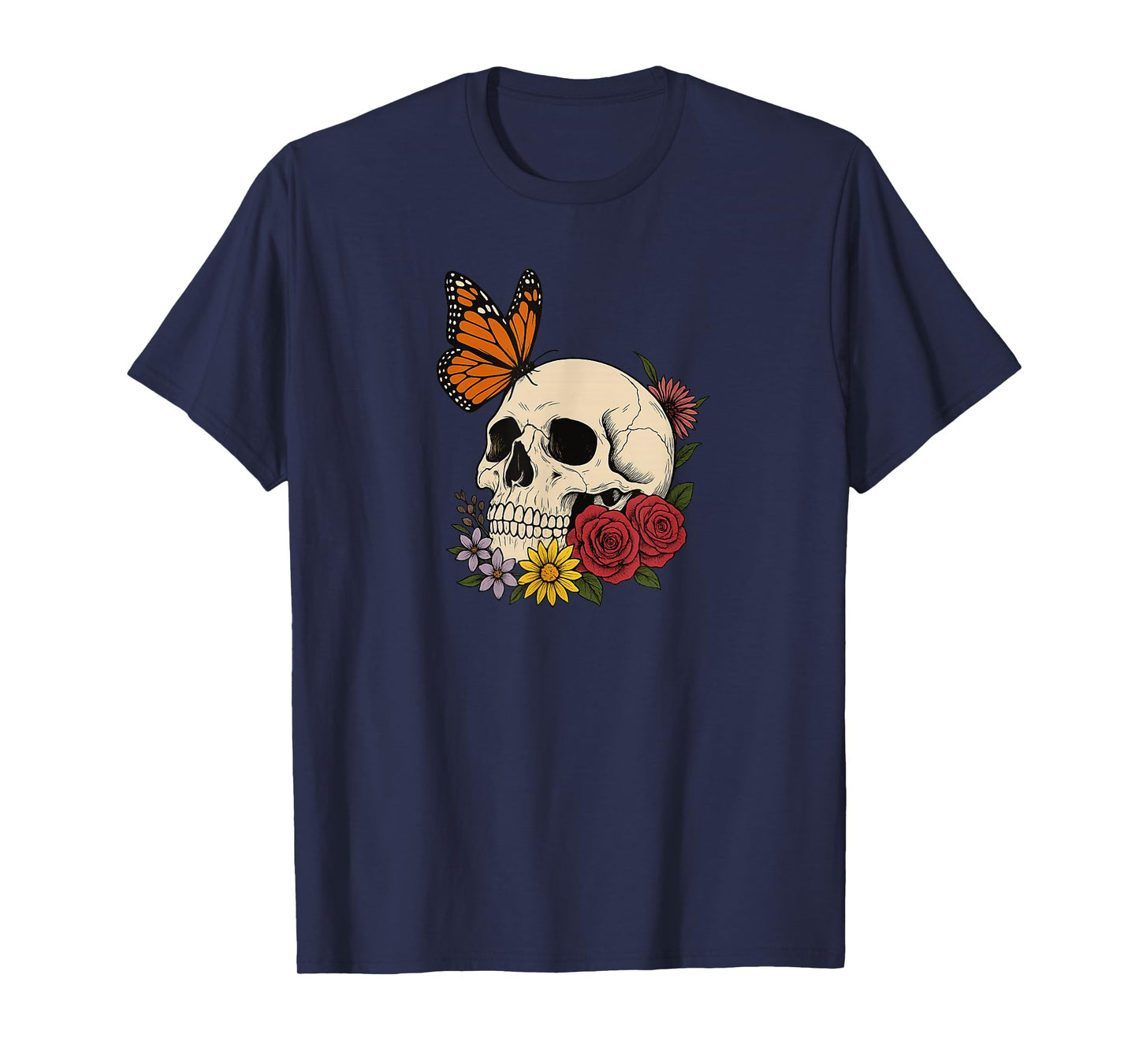 Skulls Monarch Butterfly Flowers Halloween Men Women T-Shirt
