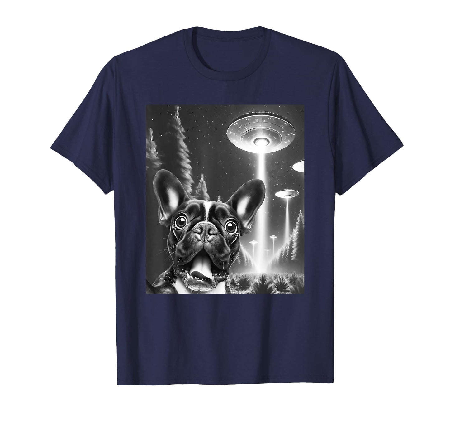 Funny French Bulldog Alien UFO Taking a Selfie Dog Mom Dad T-Shirt