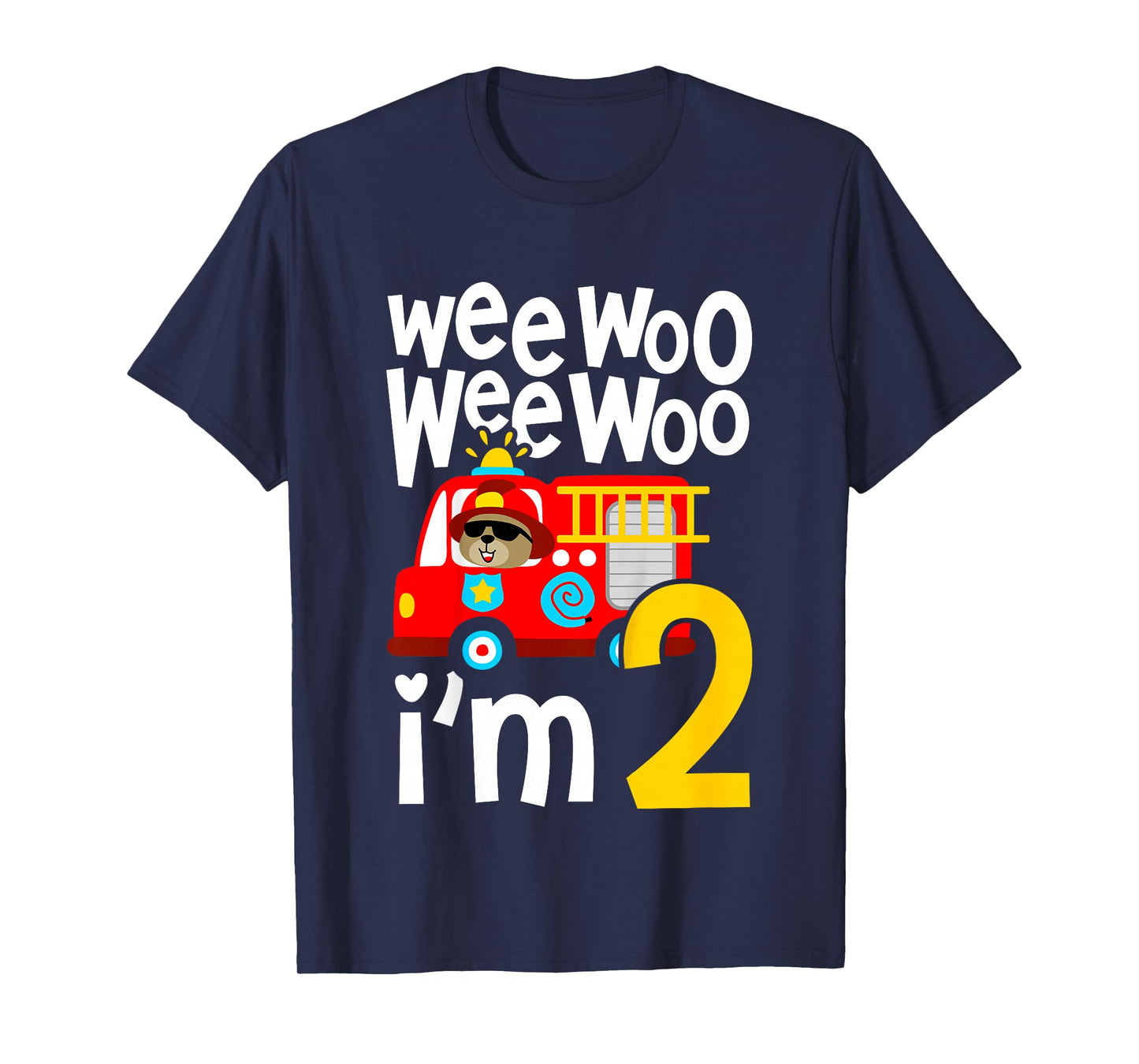 Kids Boys Birthday Wee Woo Wee Woo I'm 2 Red Fire Truck T-Shirt