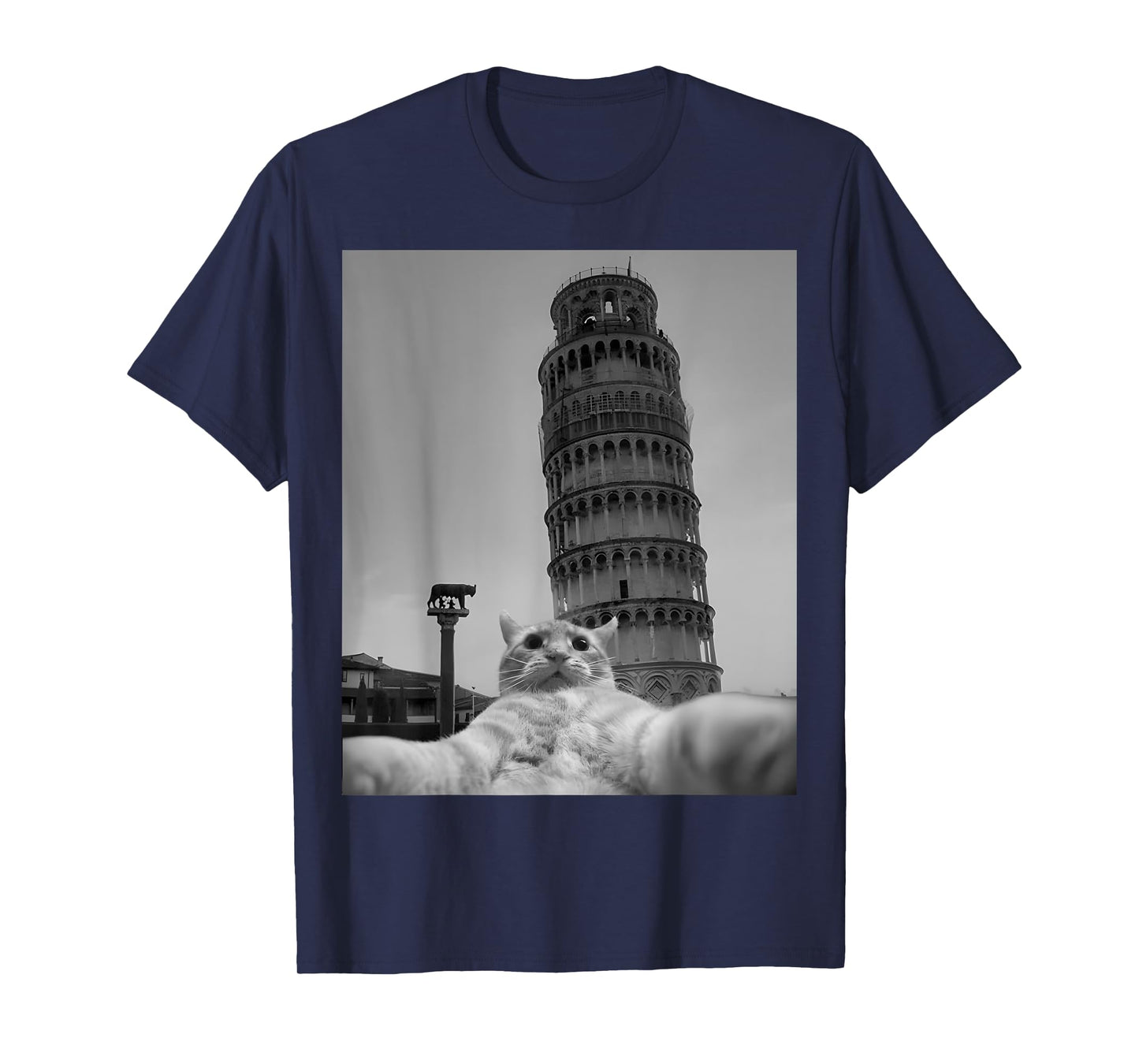 Cat Selfie Pisa Tower Italy Funny Animal Casual Outfit T-Shirt for Men Women Kids