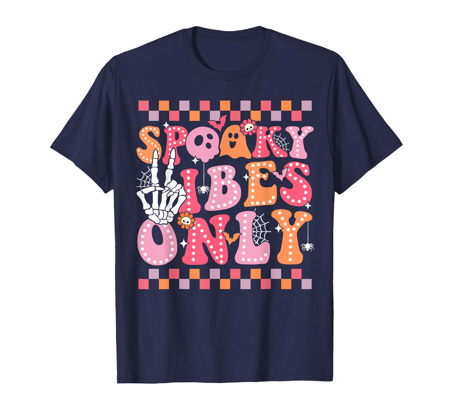 Spooky Vibes Only Halloween Skeleton Peace Checkered Groovy T-Shirt