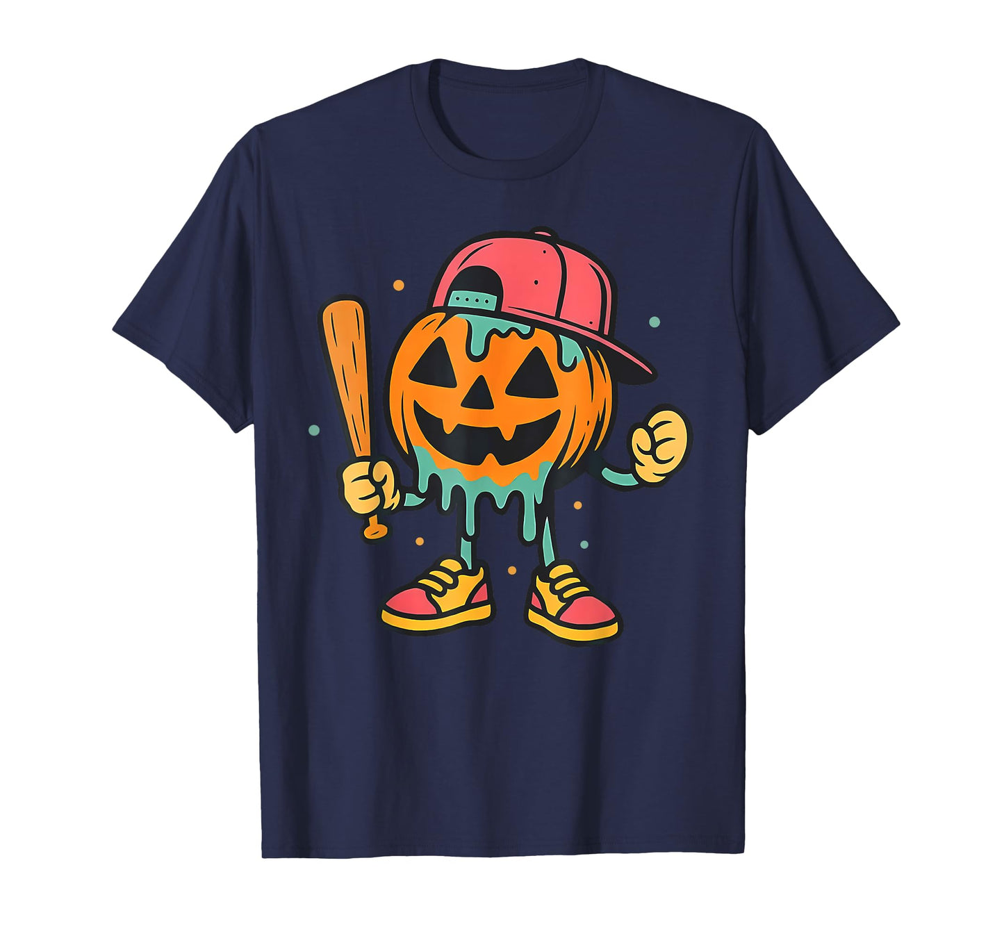 Pumpkin Baseball Player Halloween Ice Cream Drip Men Boys T-Shirt