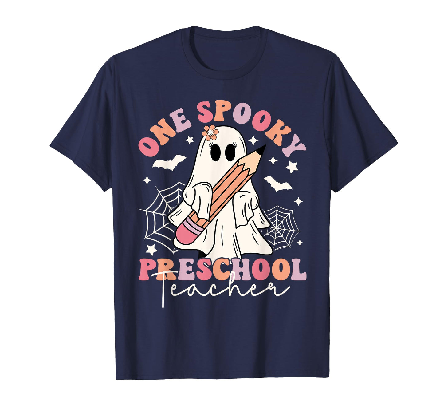 One Spooky Preschool Teacher Ghost Retro Halloween 2024 T-Shirt