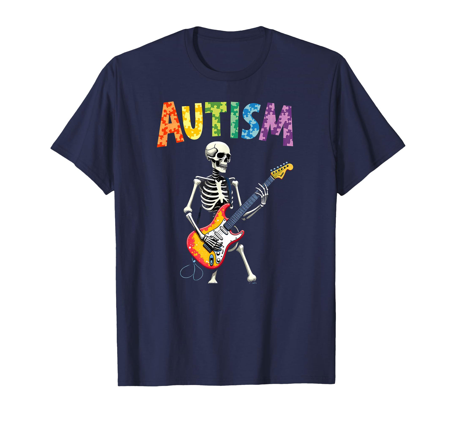 Autism Rocker Skeleton Playing Rock N Roll Guitar T-Shirt