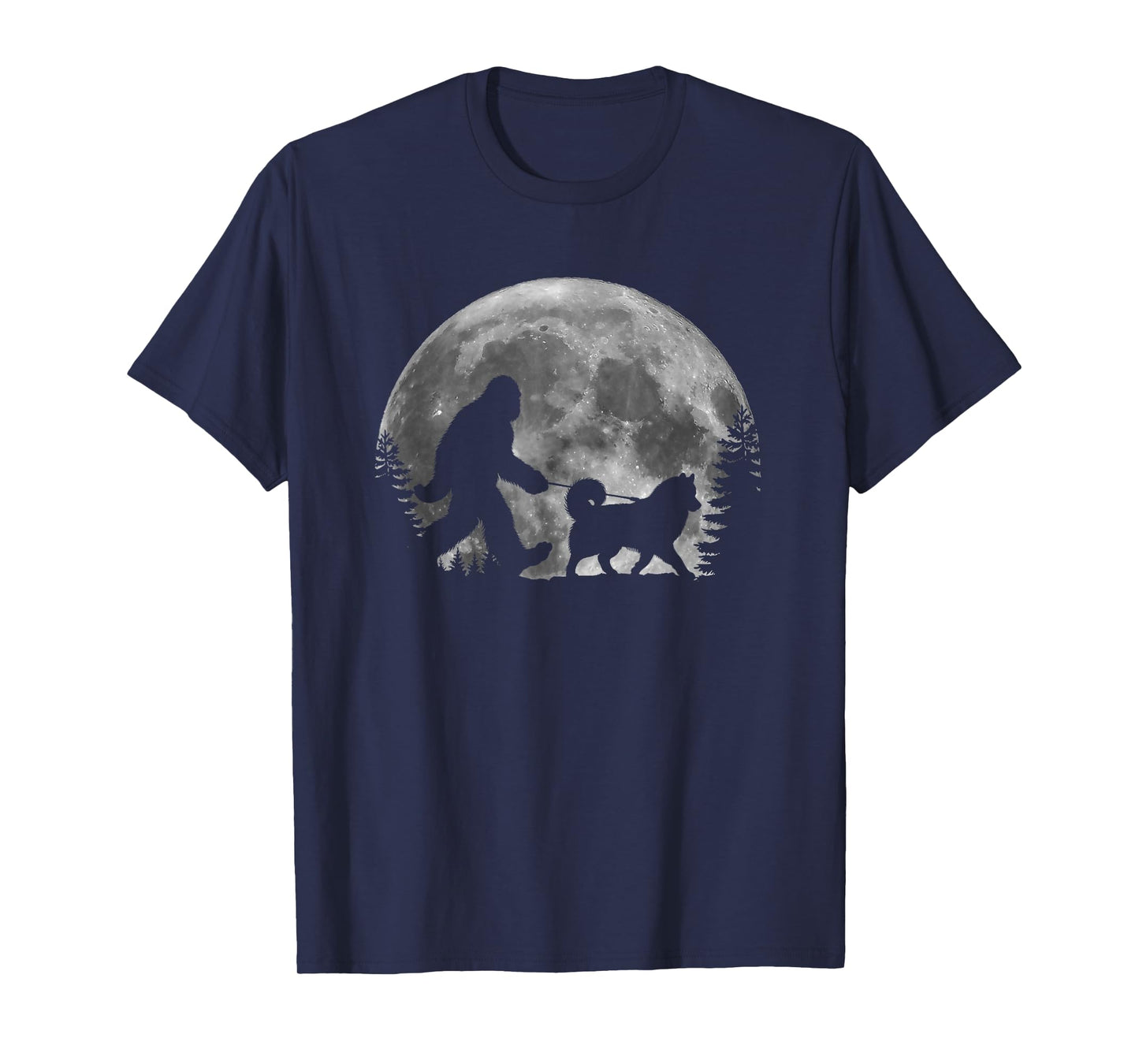 Bigfoot Walking a Dog Funny Siberian Husky Moon Halloween T-Shirt for Men Women Kids