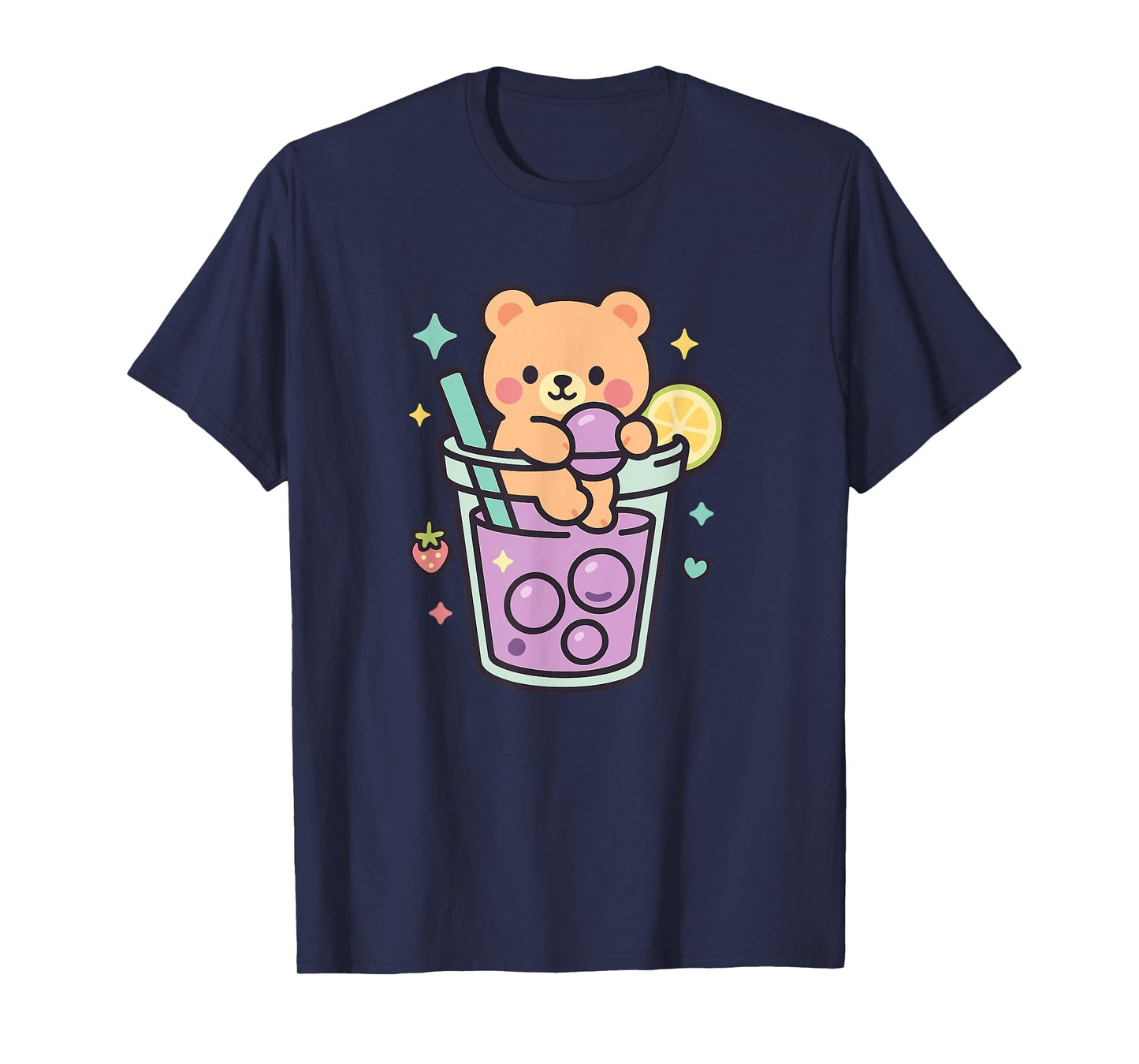 Kawaii Teddy Bear with Bubble Tea and Boba Pearls Cute Straw T-Shirt