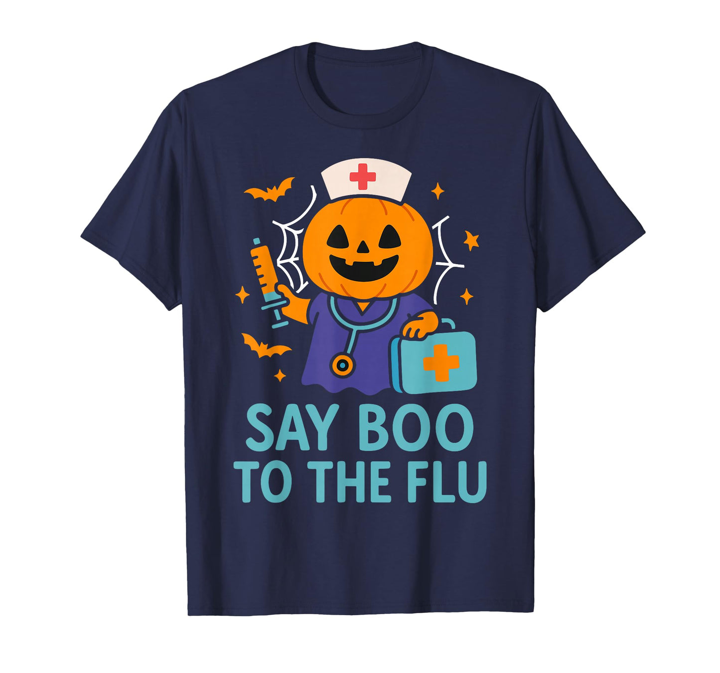 Say Boo to The Flu Nurse Halloween Vaccine Pumpkin Crew T-Shirt