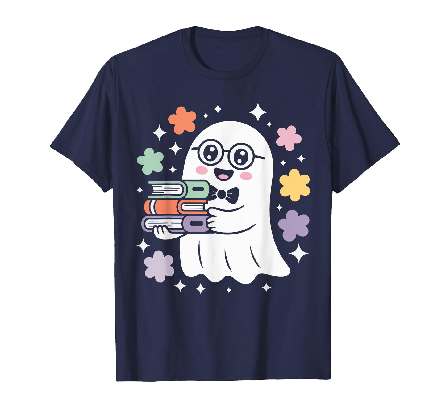 Kawaii Ghost Holding Bold Color Book Stack Halloween T-Shirt