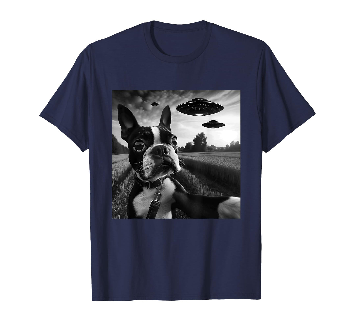 Boston Terrier Funny Graphic Selfie with UFOs Weird Aliens T-Shirt
