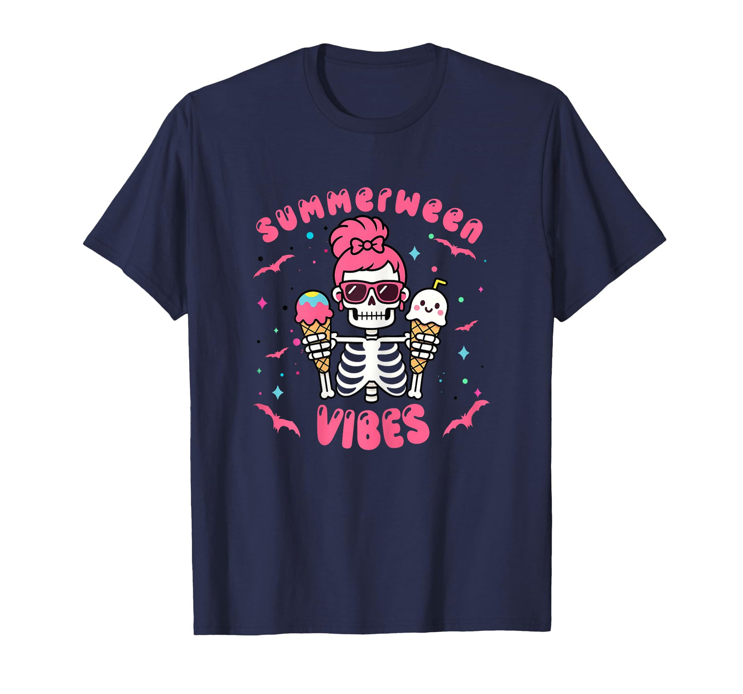 Summerween Vibes Skeletonb Halloween Summer Pink Hair T-Shirt