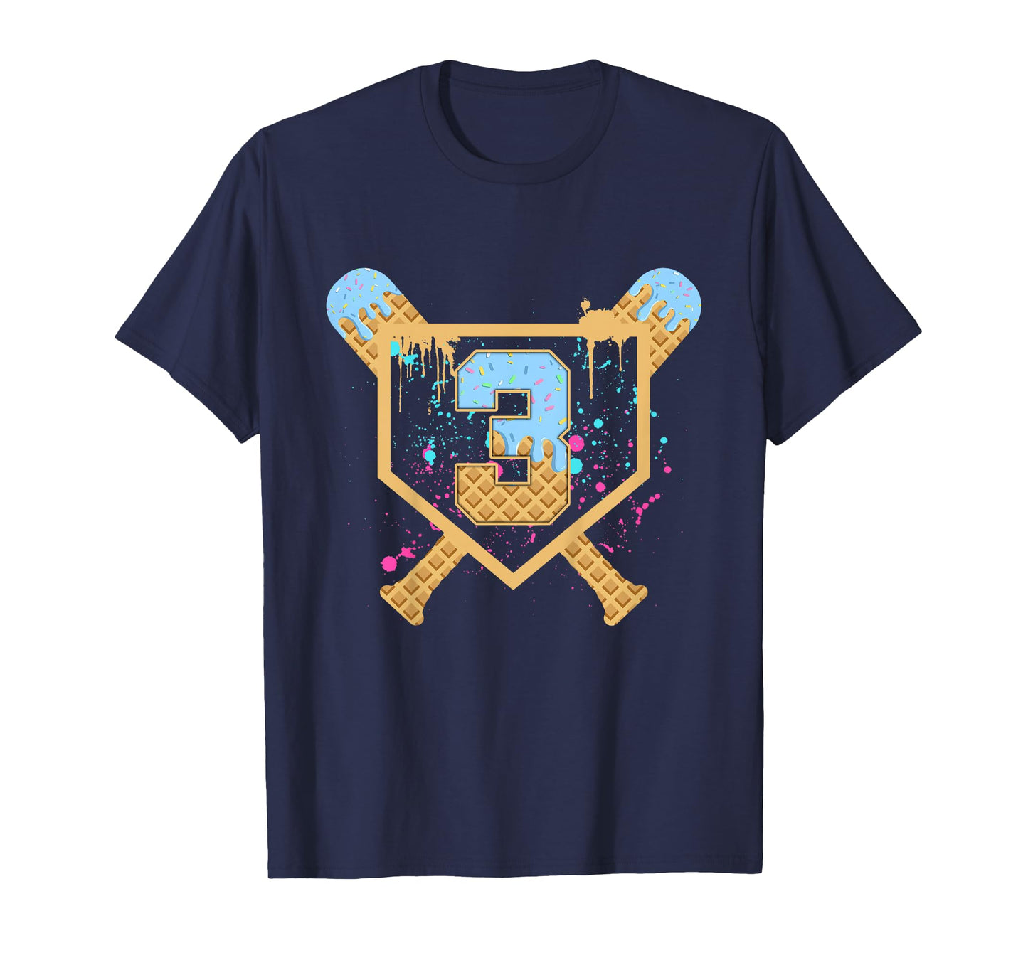 Kids Baseball 3 Year Old Ice Cream Drip 3rd Birthday Boy Number 3 T-Shirt