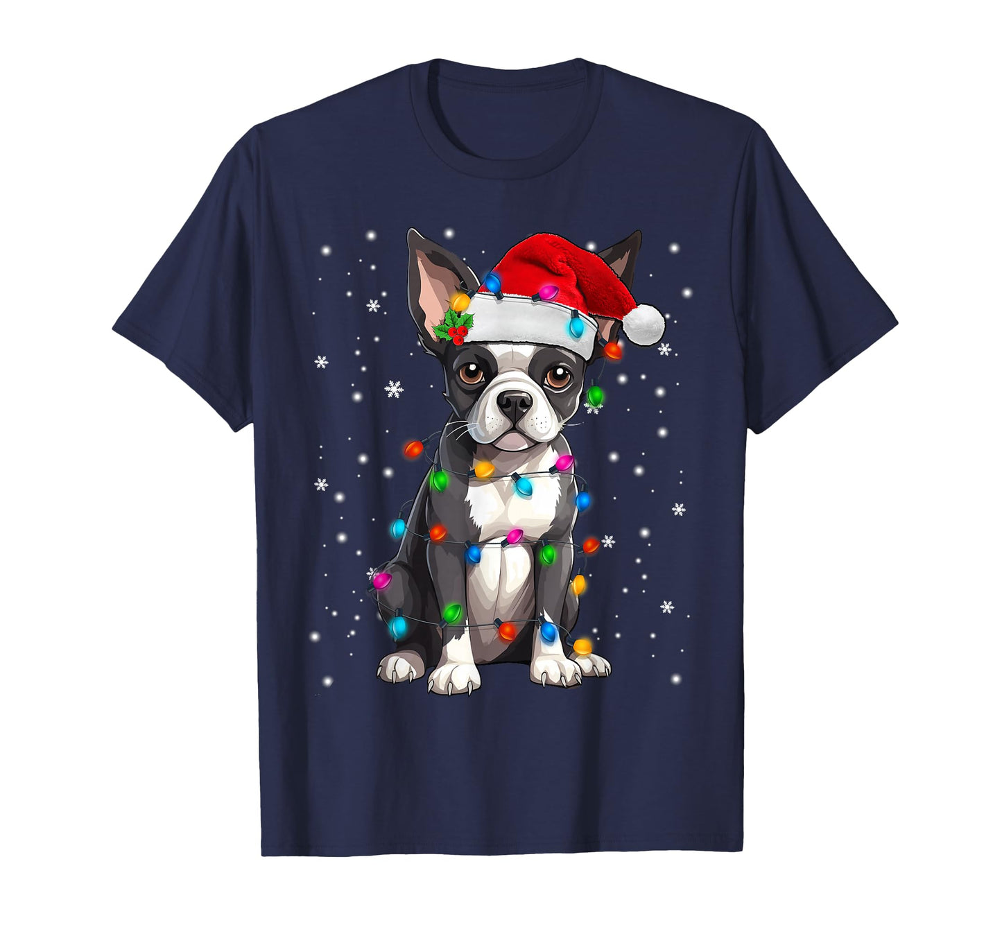 Boston Terrier Christmas Santa Hat Tree Lights Pajama T-Shirt