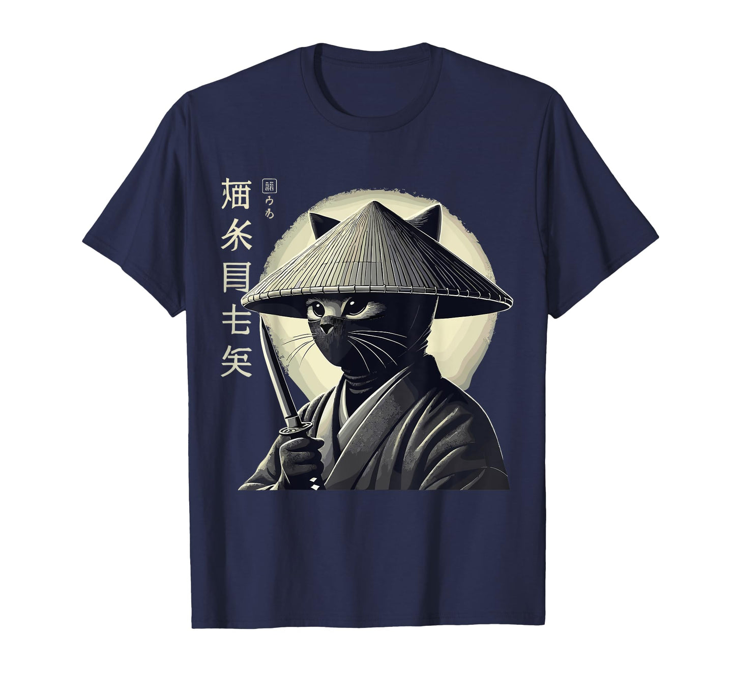 Samurai Cat Graphic Tee Warrior Vintage Japanese Art Anime T-Shirt for Men Women