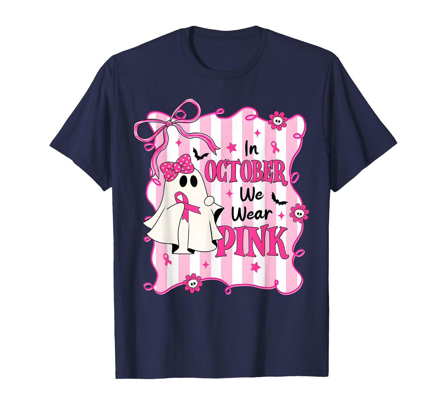 In October We Wear Pink Bow Ghost Breast Cancer Awareness T-Shirt