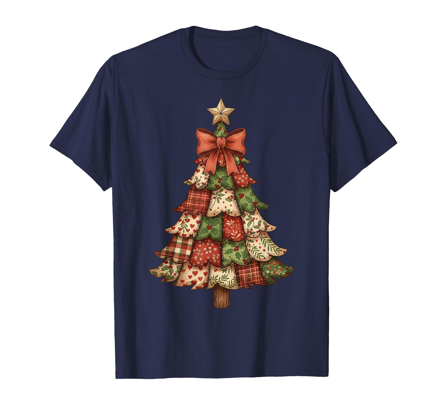 Retro Patchwork Christmas Tree Vintage Xmas Holiday T-Shirt