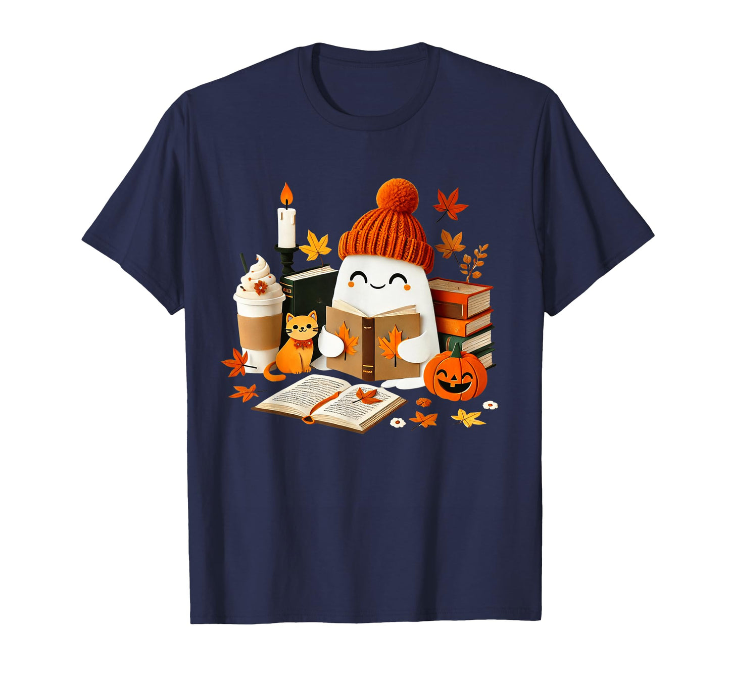 Cute Ghost Cat Reading Book Lovers Halloween Women Girls T-Shirt