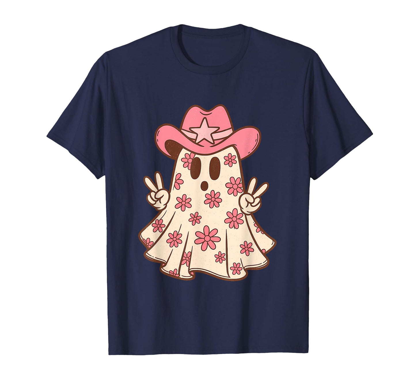 Pink Ghost in Cowboy Hat with Sunflowers Western Halloween T-Shirt