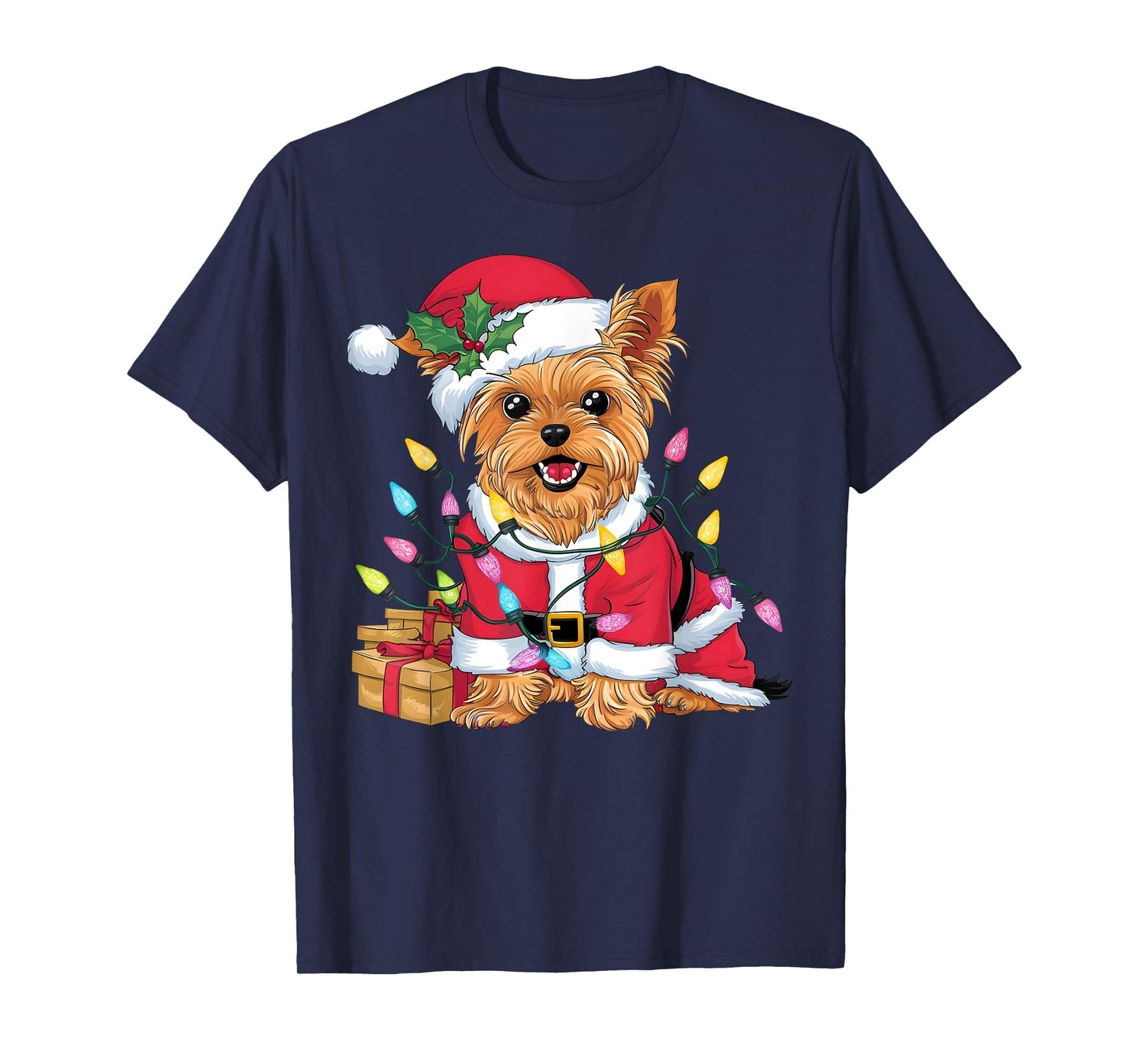 Family Xmas Lighting Santa Yorkie Dog Christmas T-Shirt