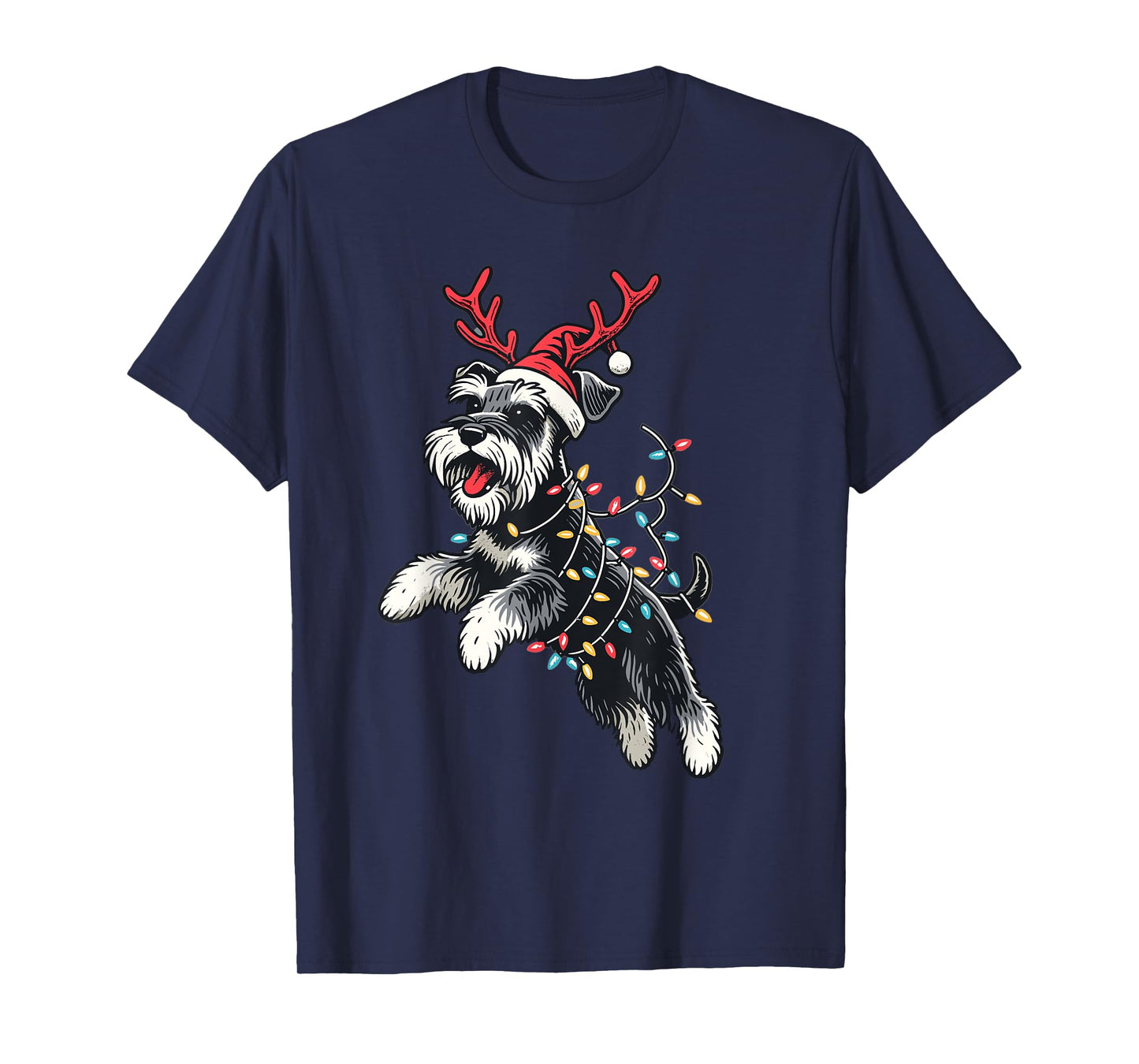 Miniature Schnauzer Dog Santa Hat Christmas Lights Pajama T-Shirt for Men Women Kids